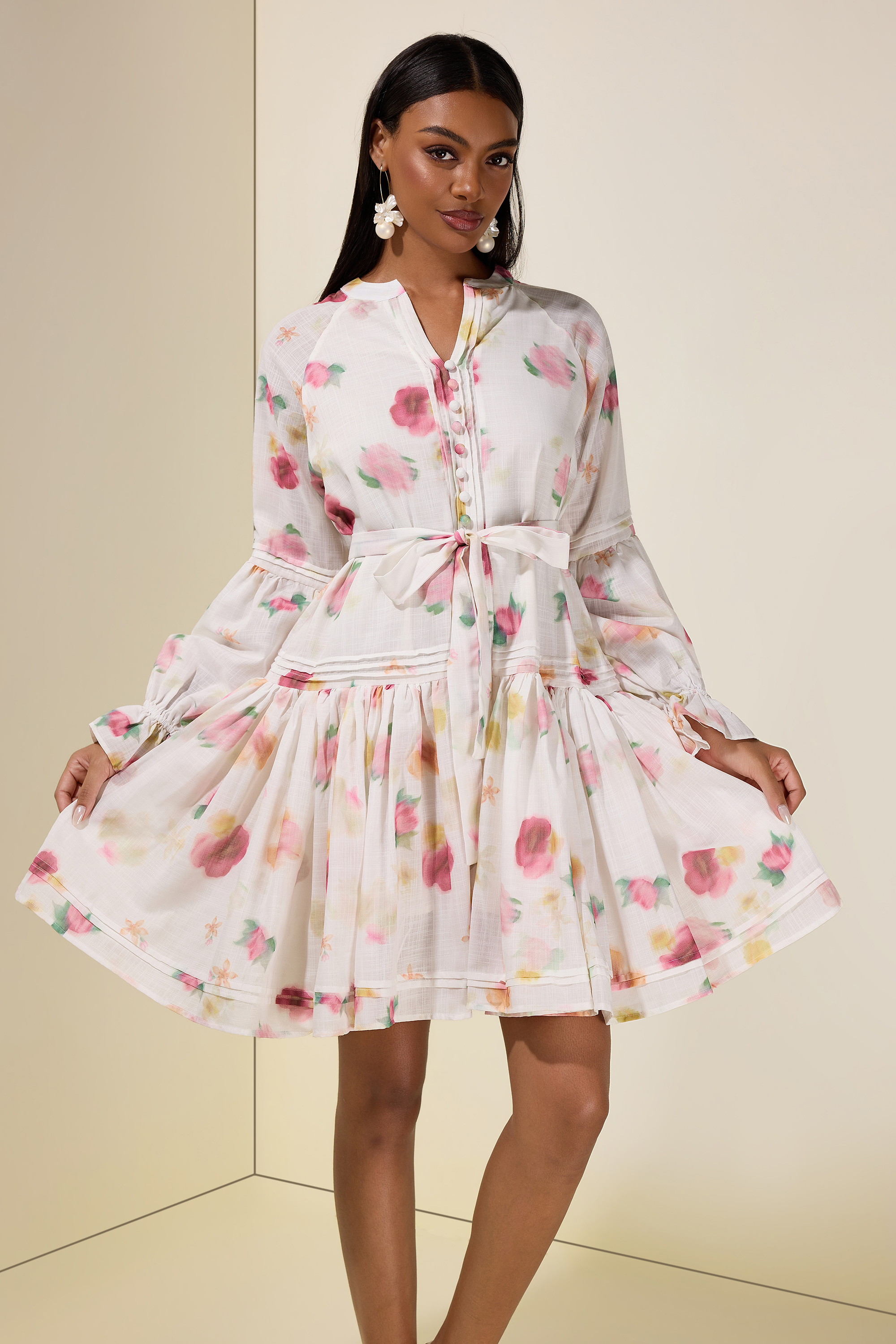 Floral Button Lantern Sleeve Mini Dress