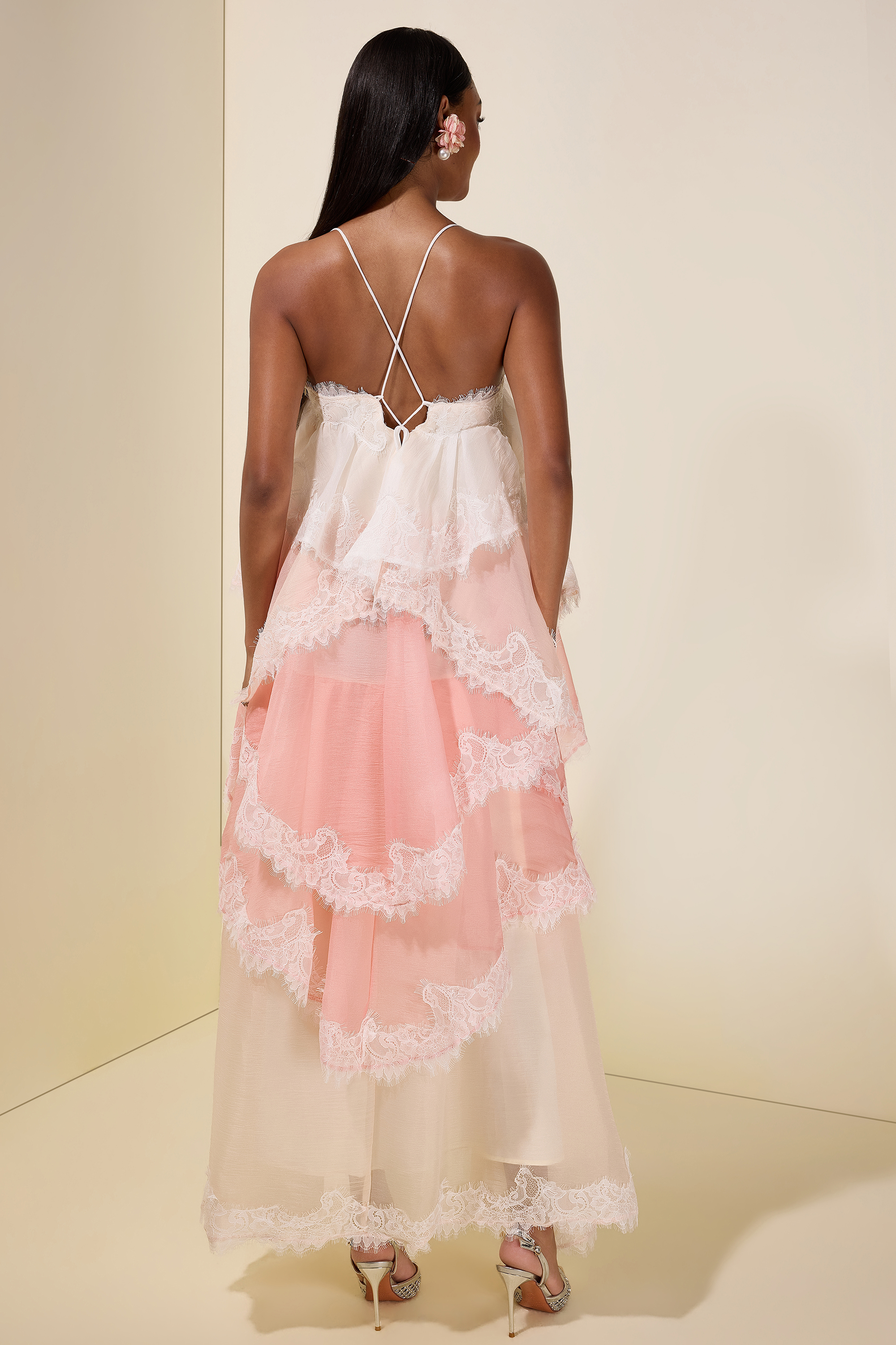 Chiffon Gradient Color Lace Maxi Dress