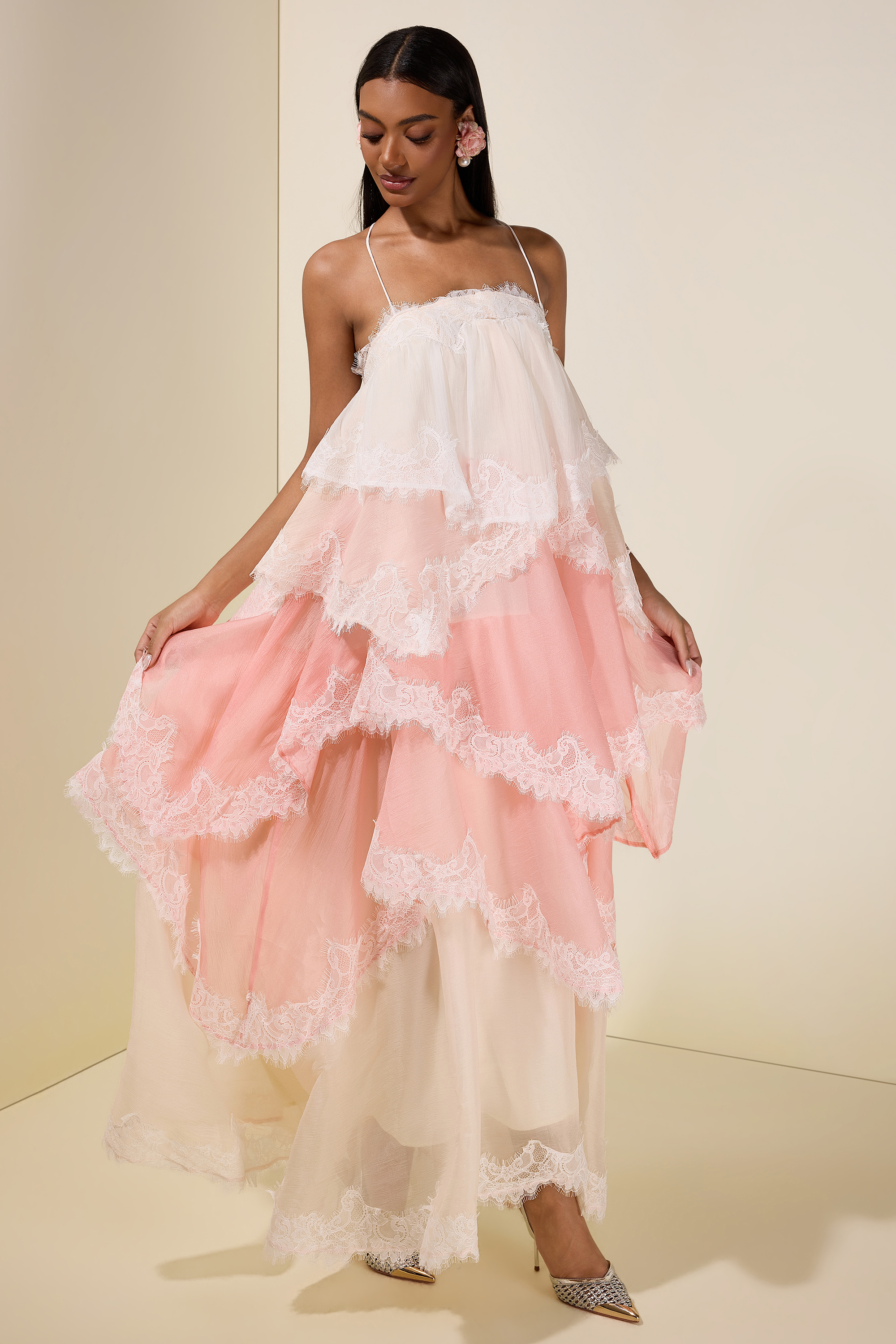 Chiffon Gradient Color Lace Maxi Dress