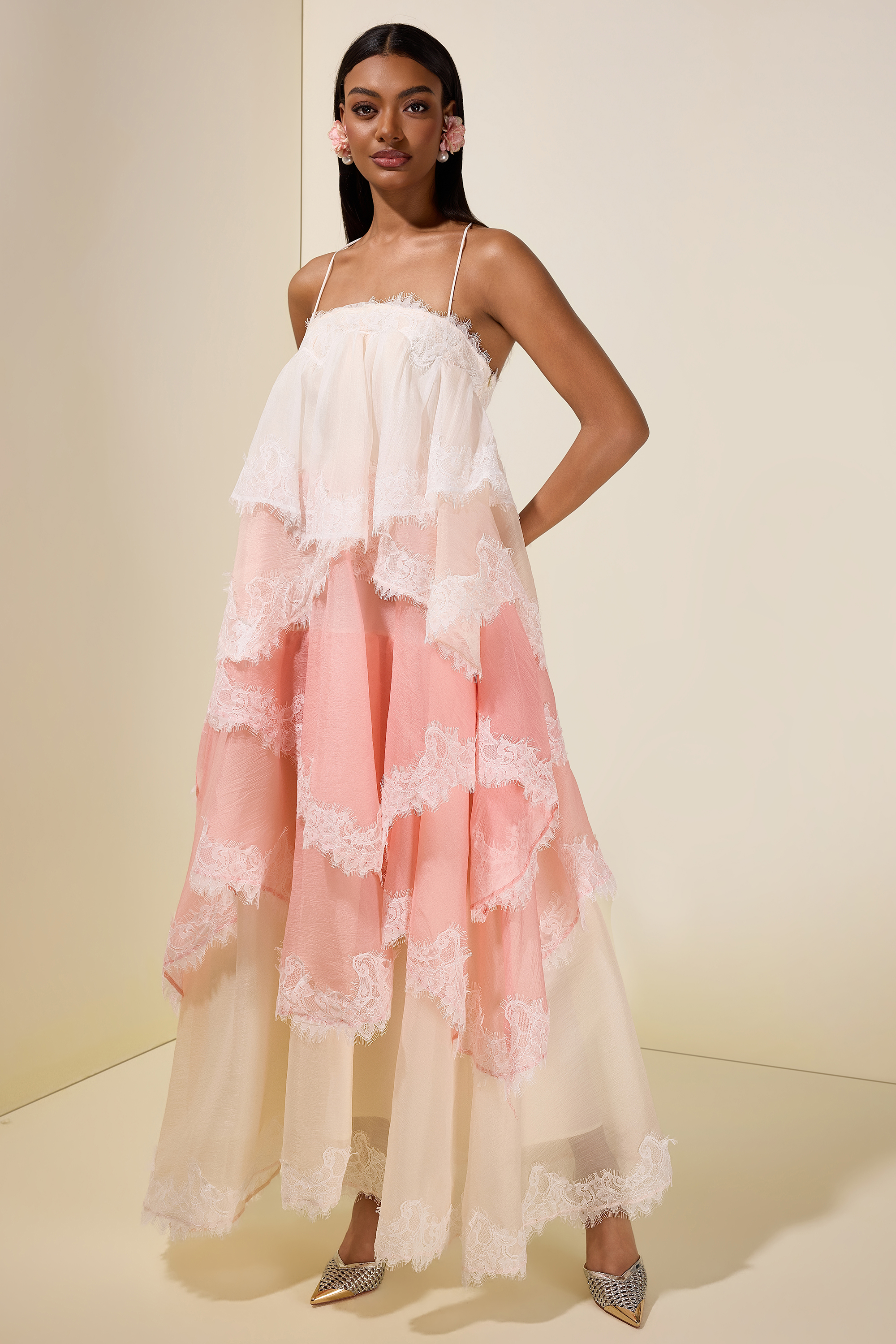 Chiffon Gradient Color Lace Maxi Dress