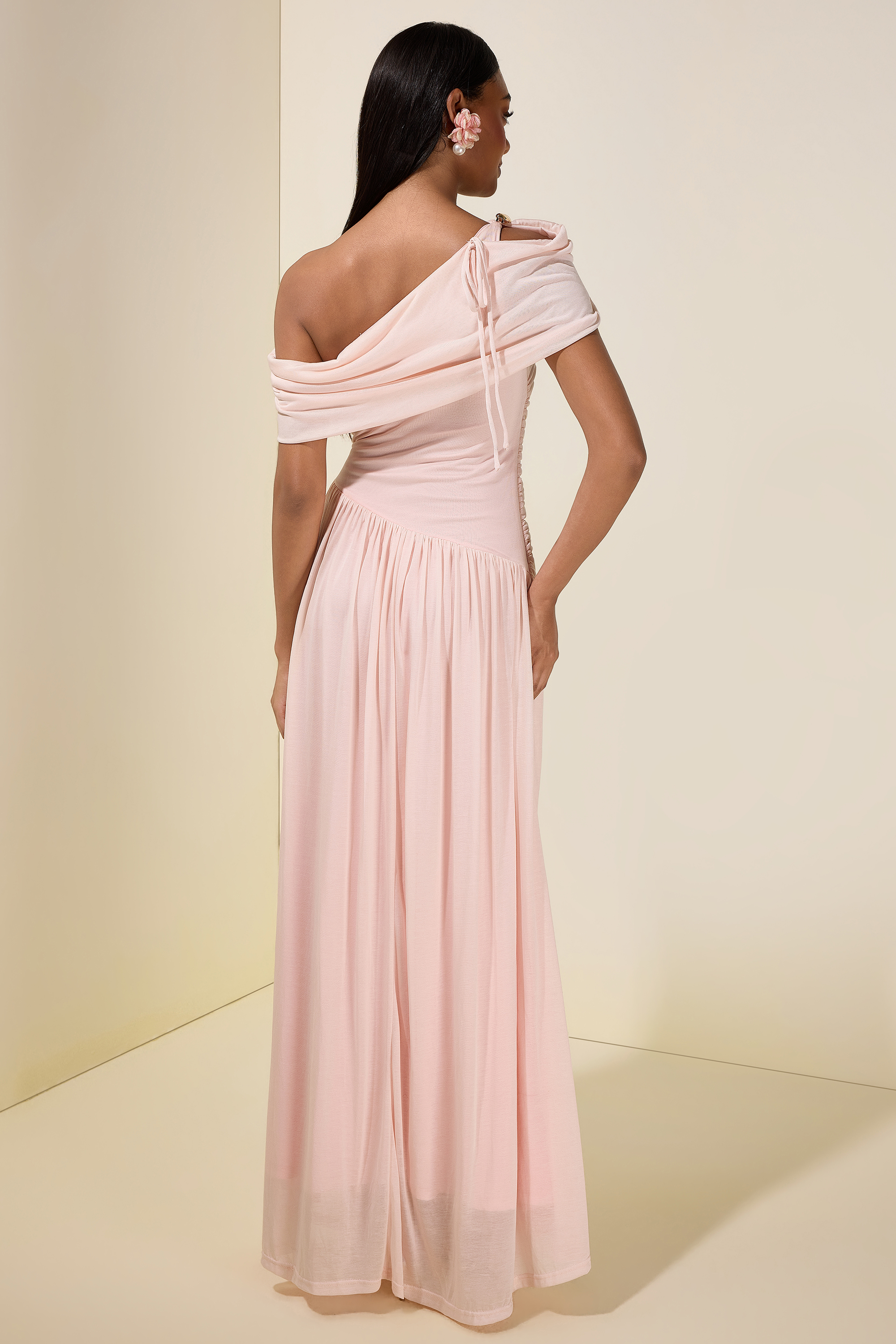 Solid One Shoulder Cape Sleeve Maxi Dress
