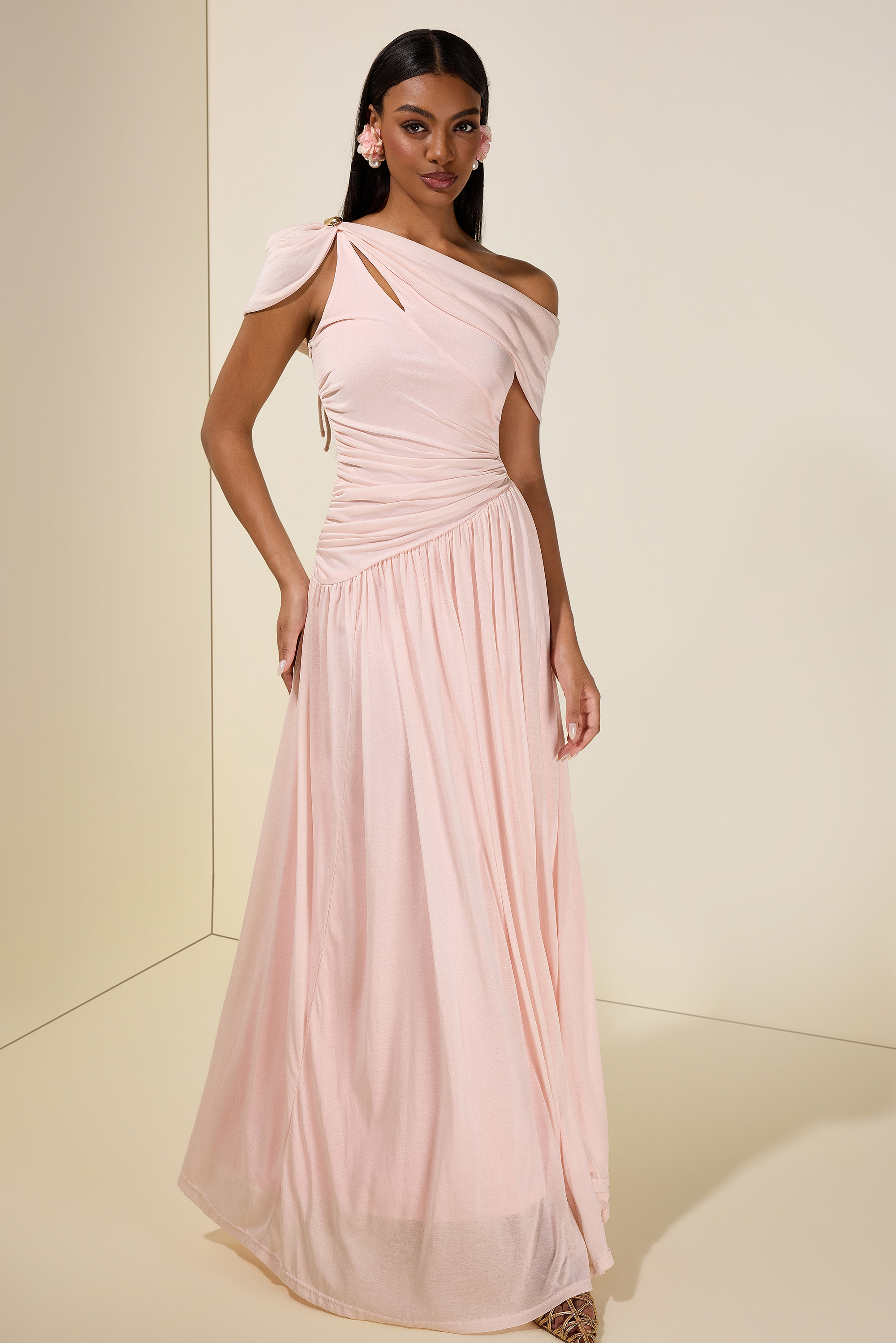 Solid One Shoulder Cape Sleeve Maxi Dress