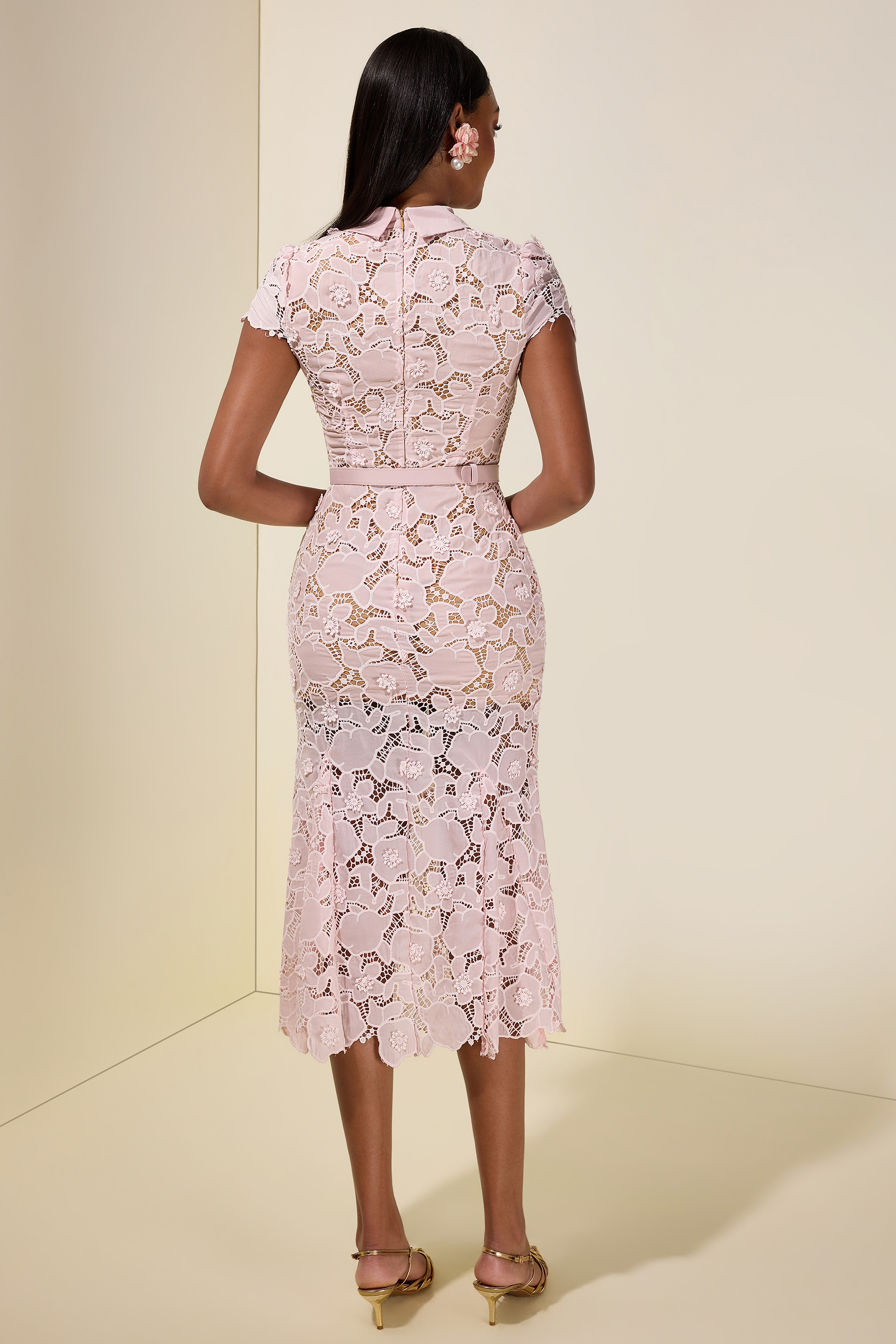 Lace Flapped Midi Dress With Belt