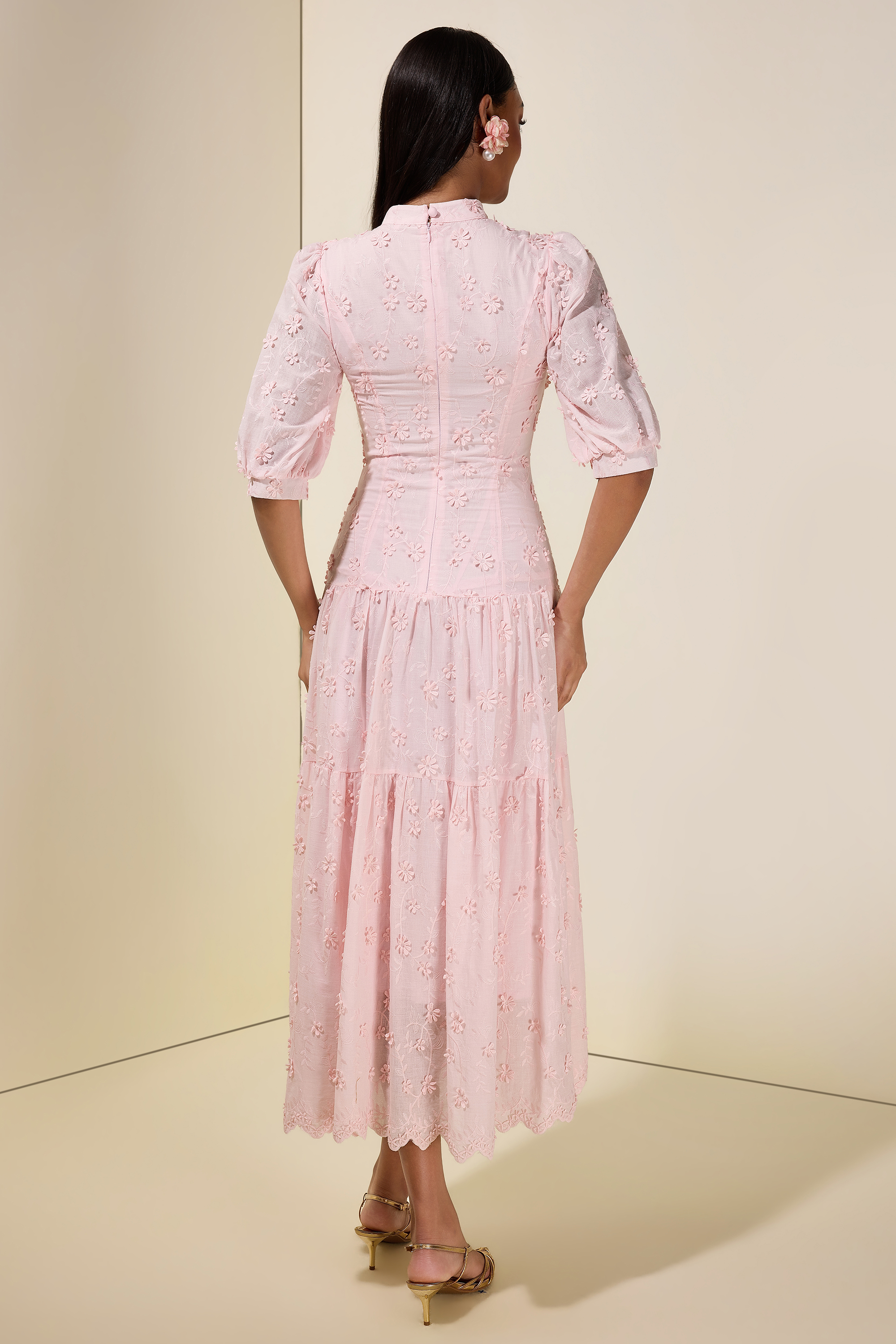 Embroidered Single Breasted Puff Sleeve Midi Dress
