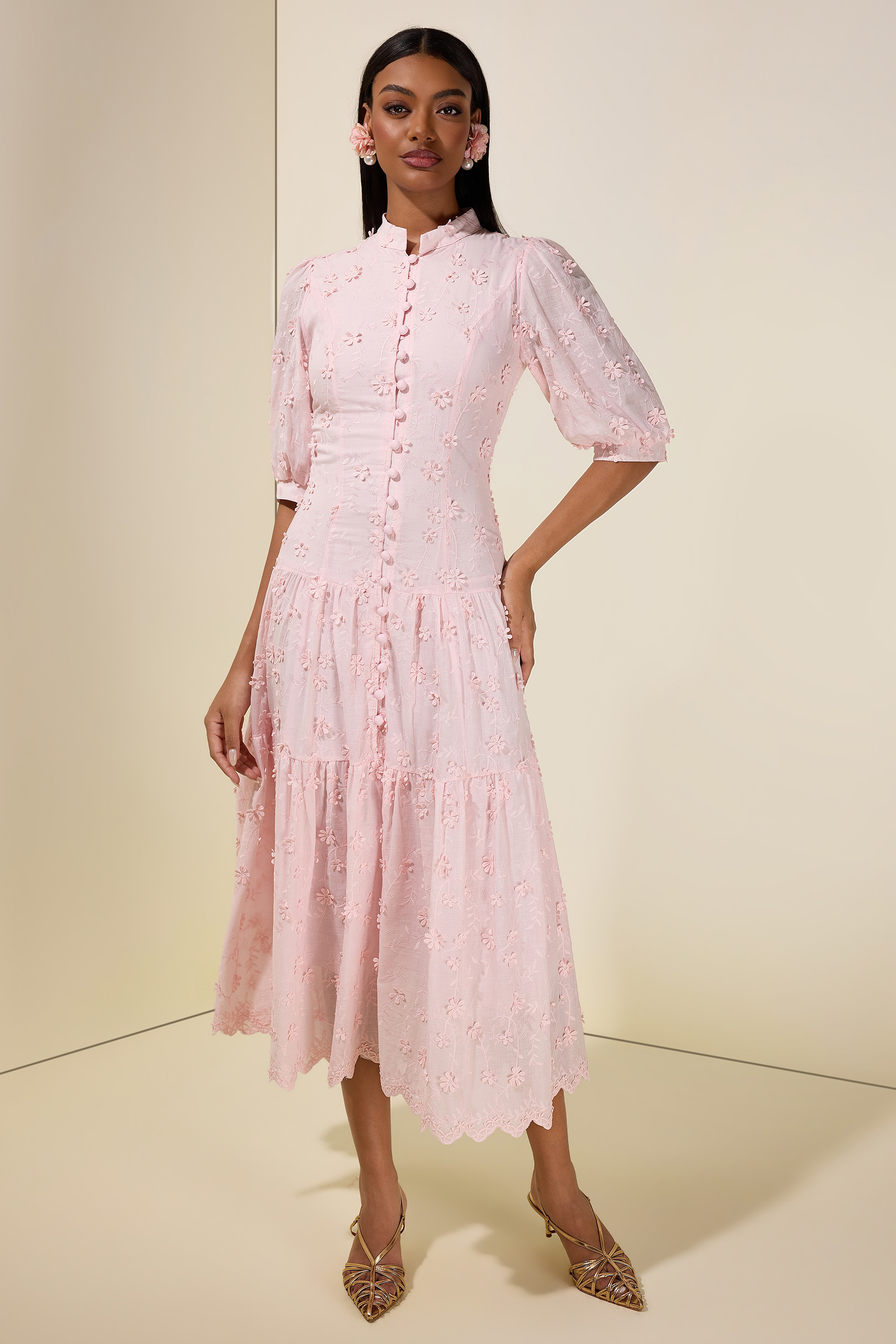 Embroidered Single Breasted Puff Sleeve Midi Dress