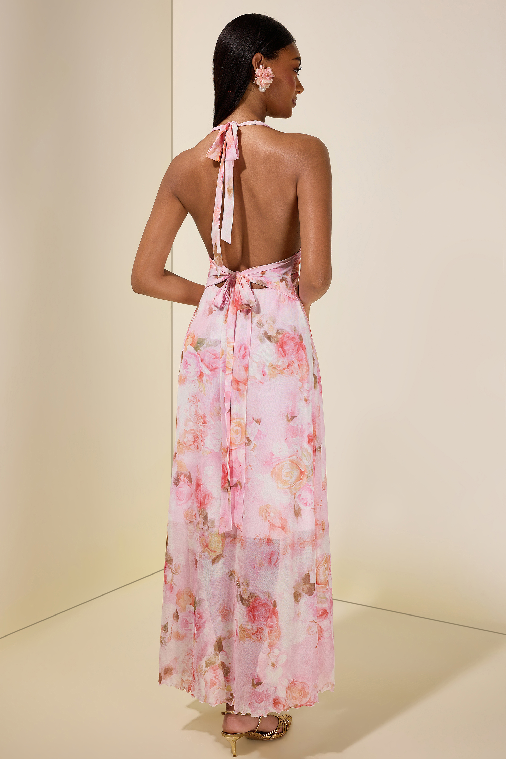 Floral Gathering Halter Neck Maxi Dress