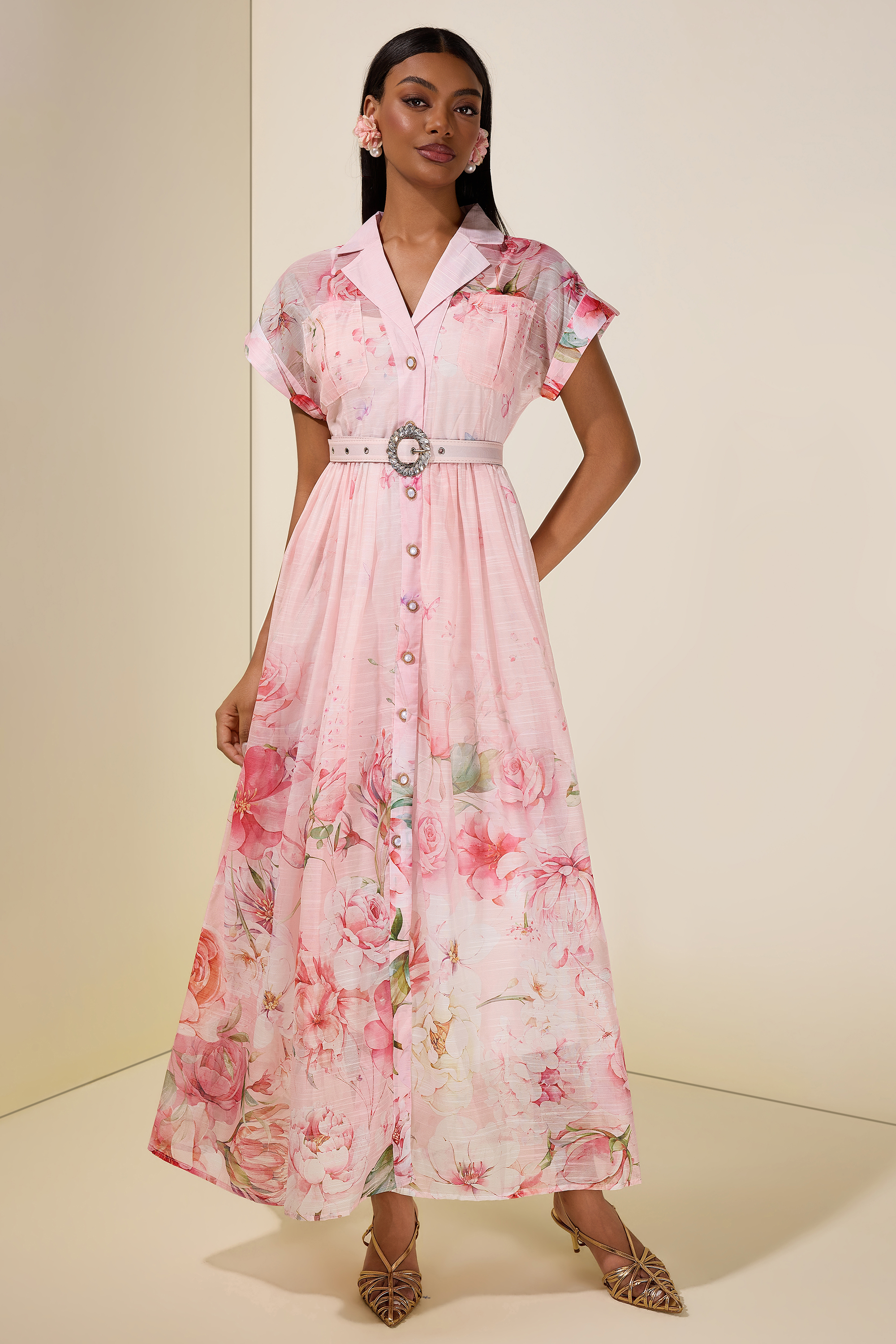 Floral Single Breasted Midi Dress With Belt