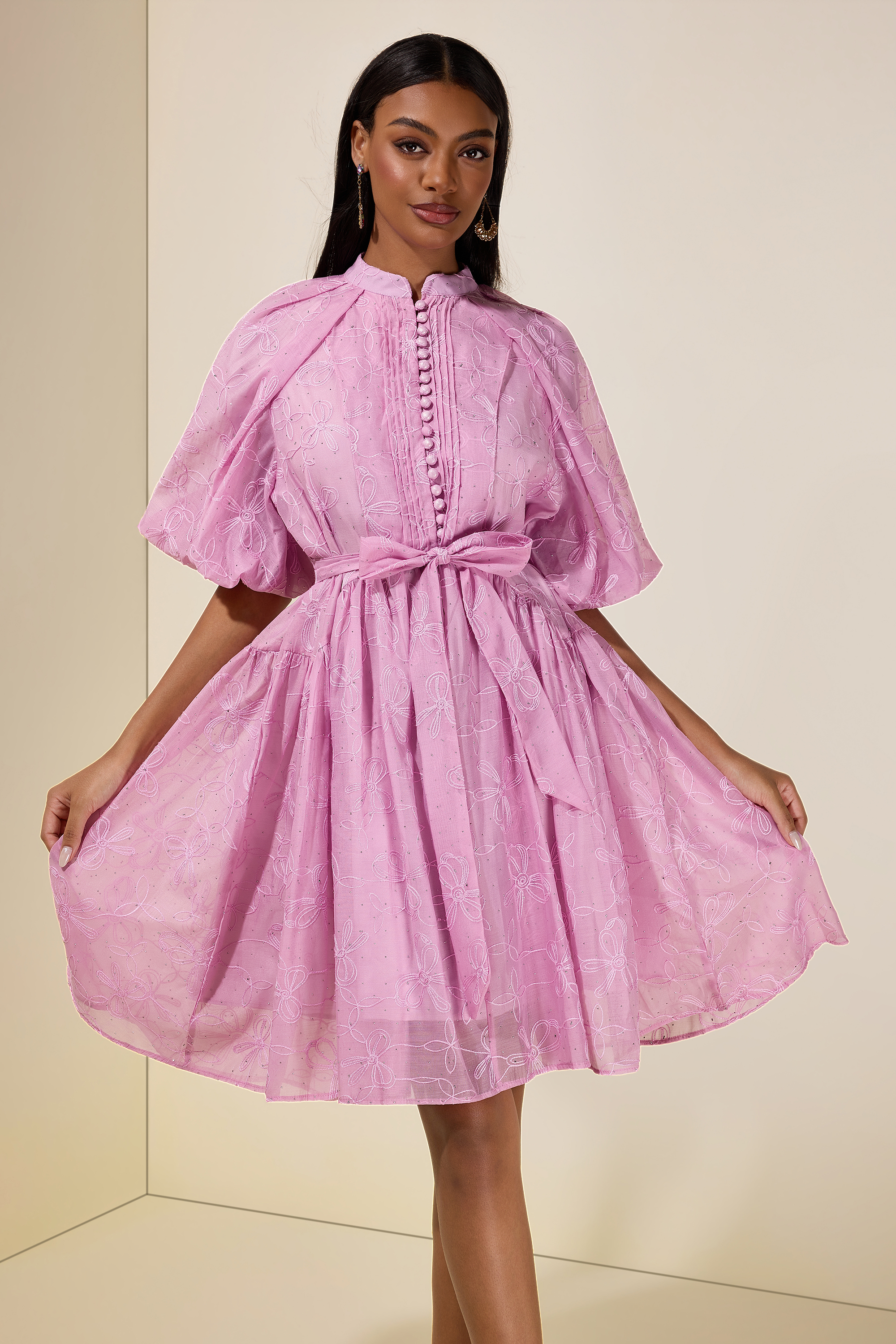 Embroidered Rhinestone Puff Sleeve Mini Dress