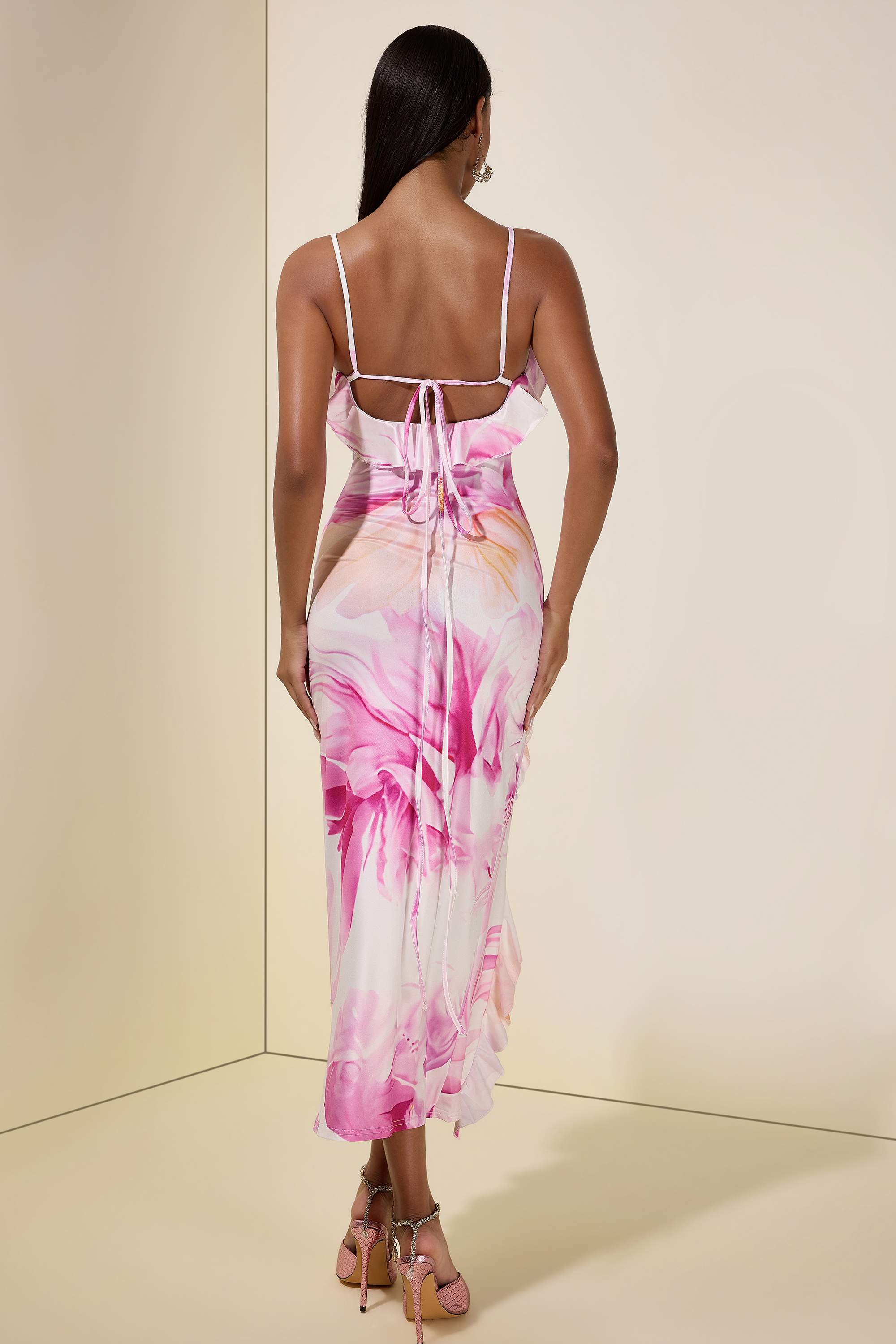 Floral Ruffle Slit Midi Dress
