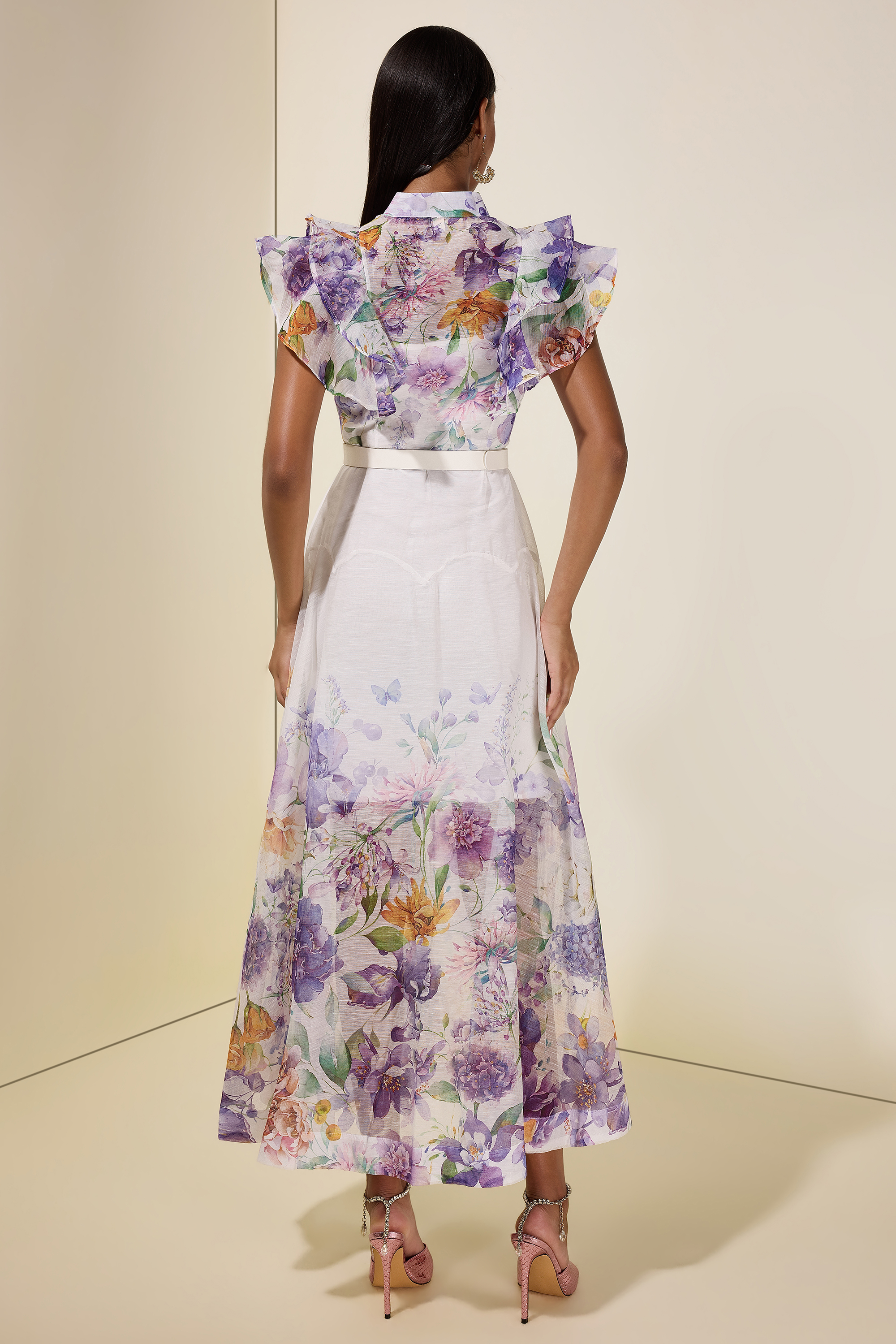 Floral Ruffle Midi Dress With Belt