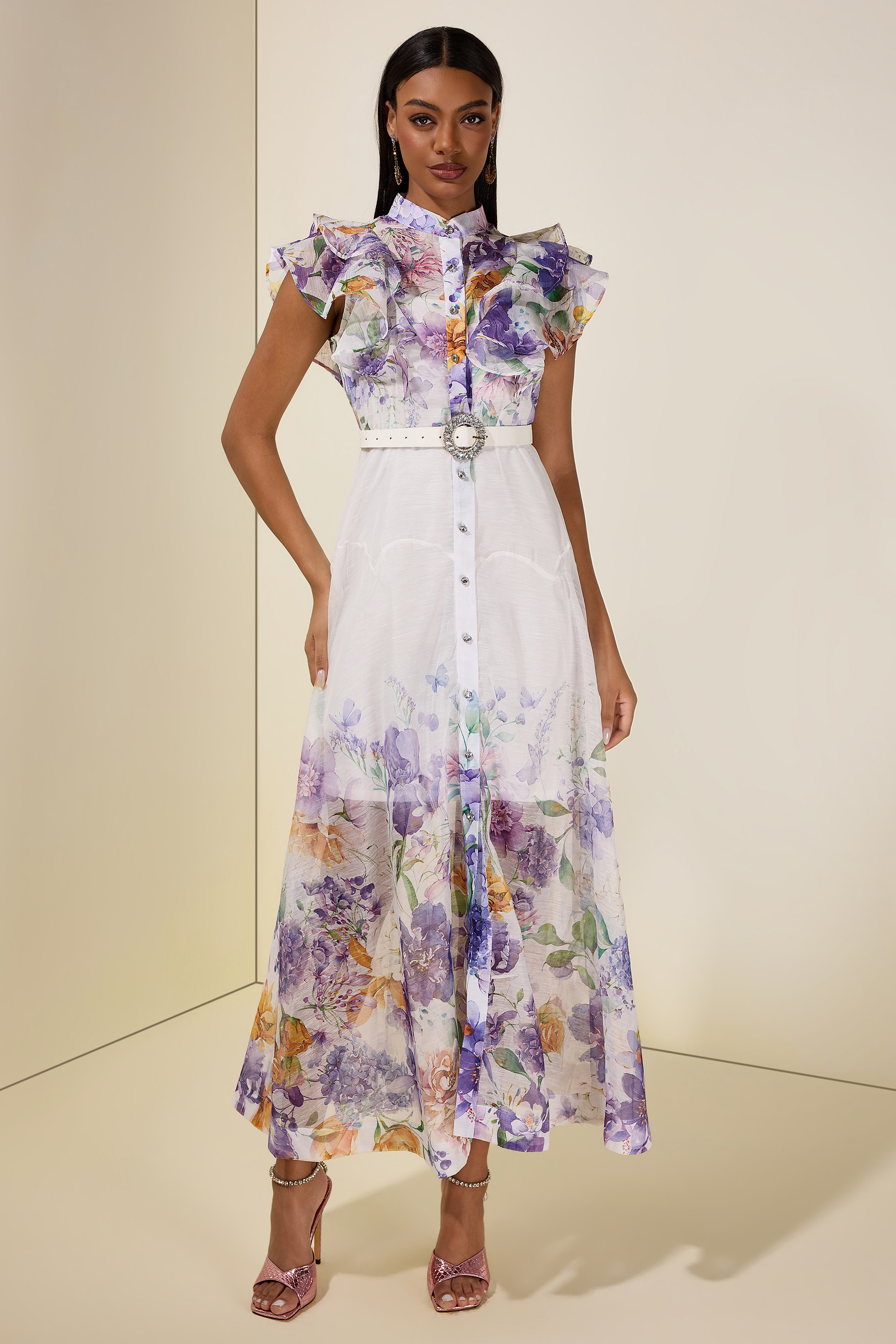 Floral Ruffle Midi Dress With Belt