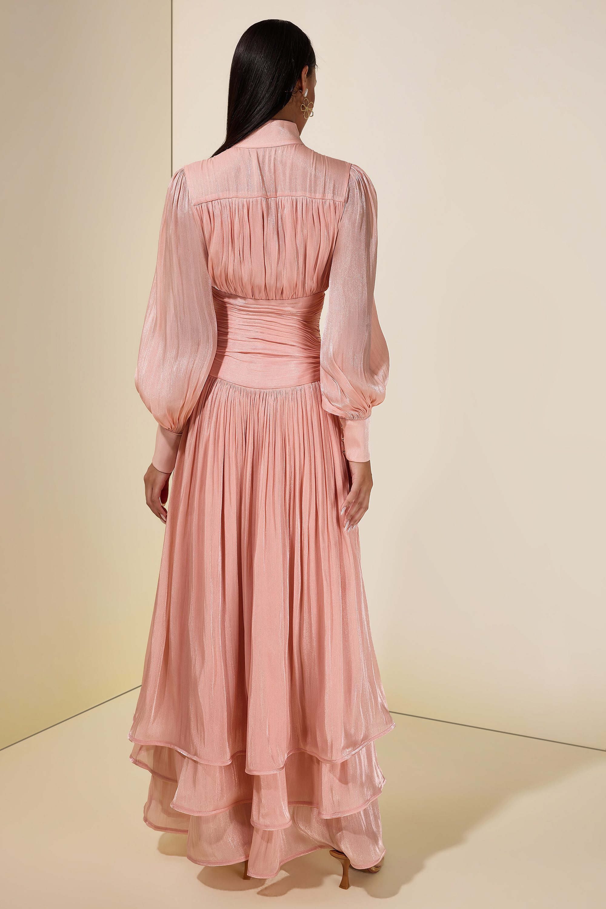 Satin Ruffle Lantern Sleeve Midi Dress