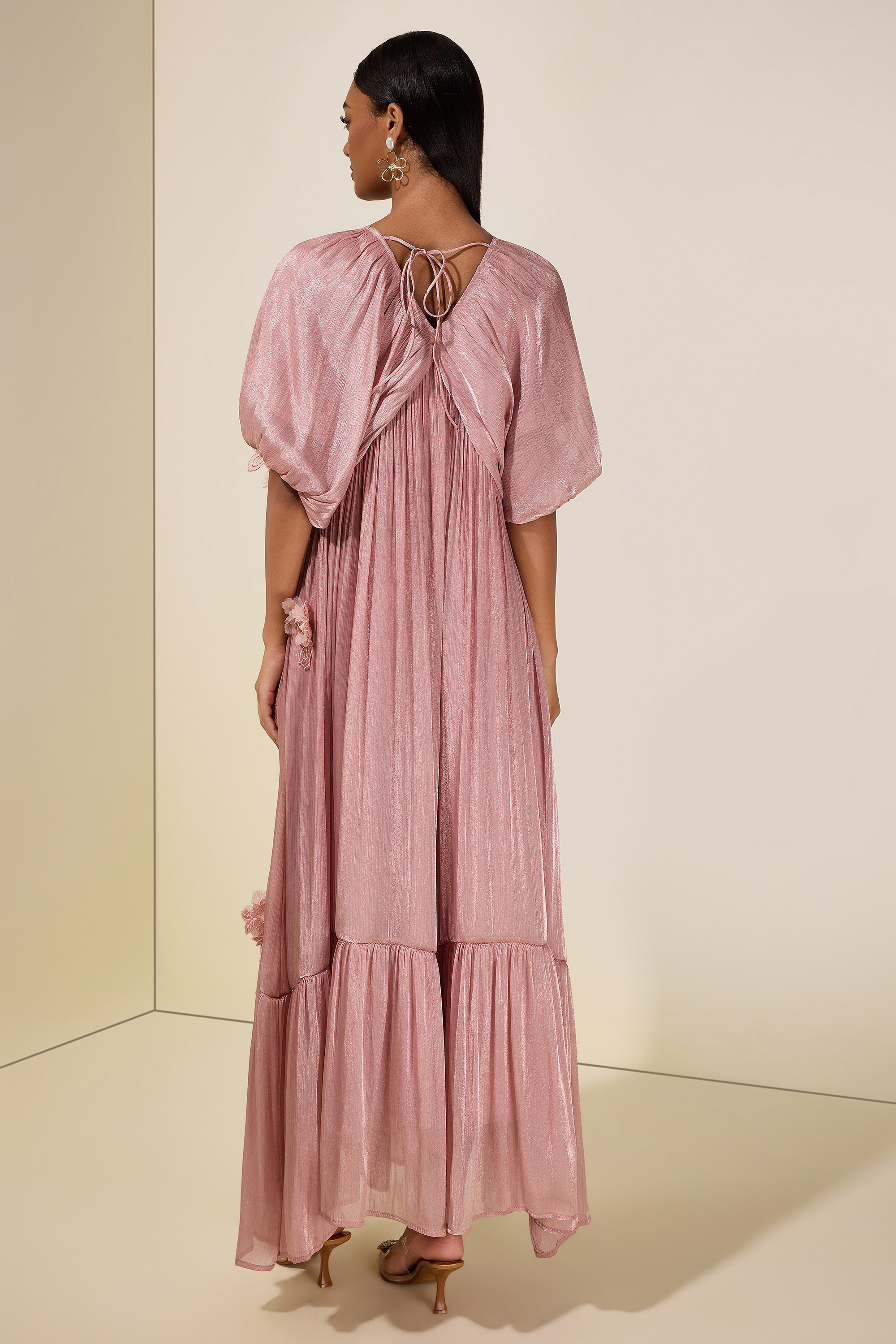 Satin V-Neck Cape Sleeve 3D Flower Maxi Dress