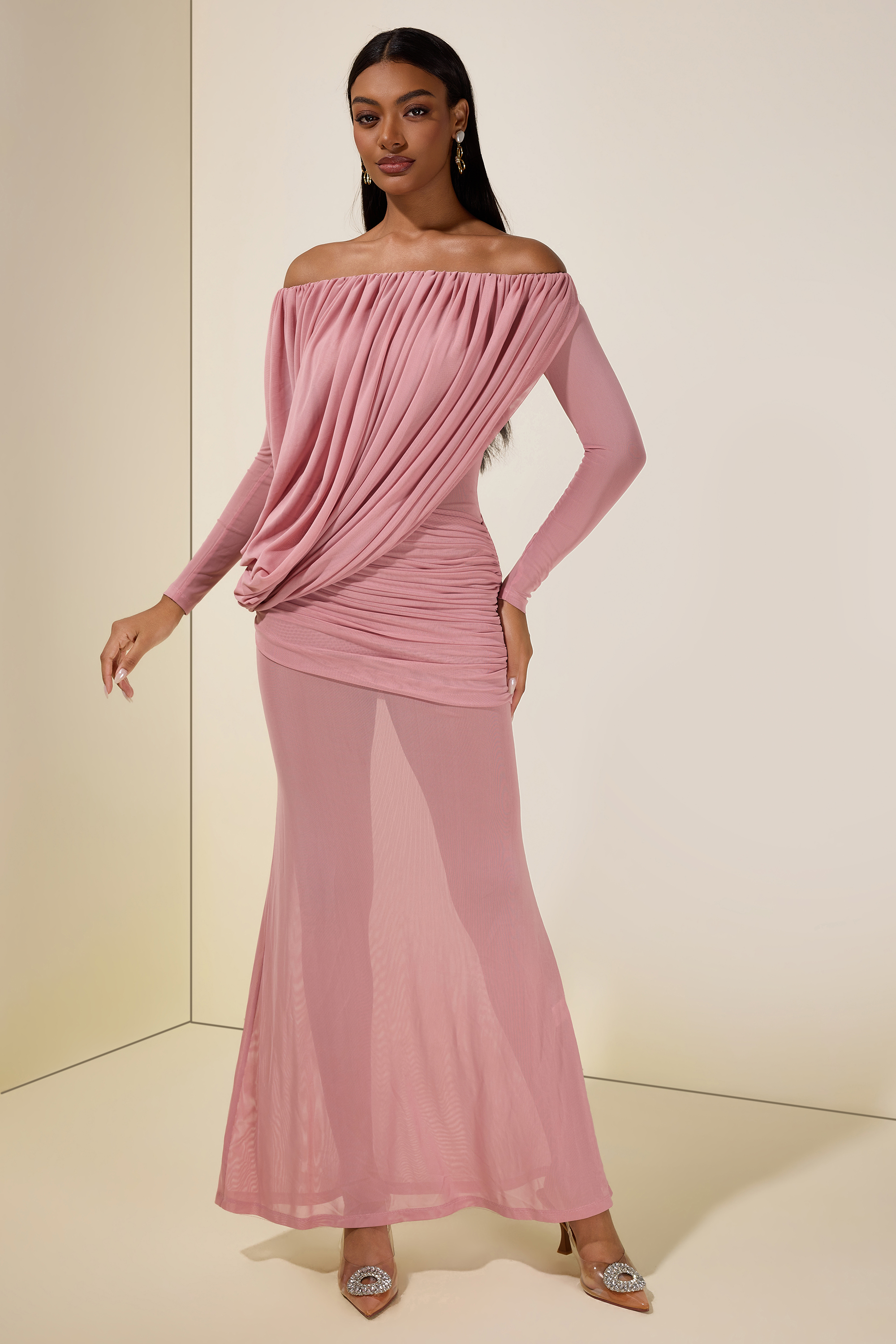 Mesh Asymmetrical Gathering Long Sleeve Maxi Dress