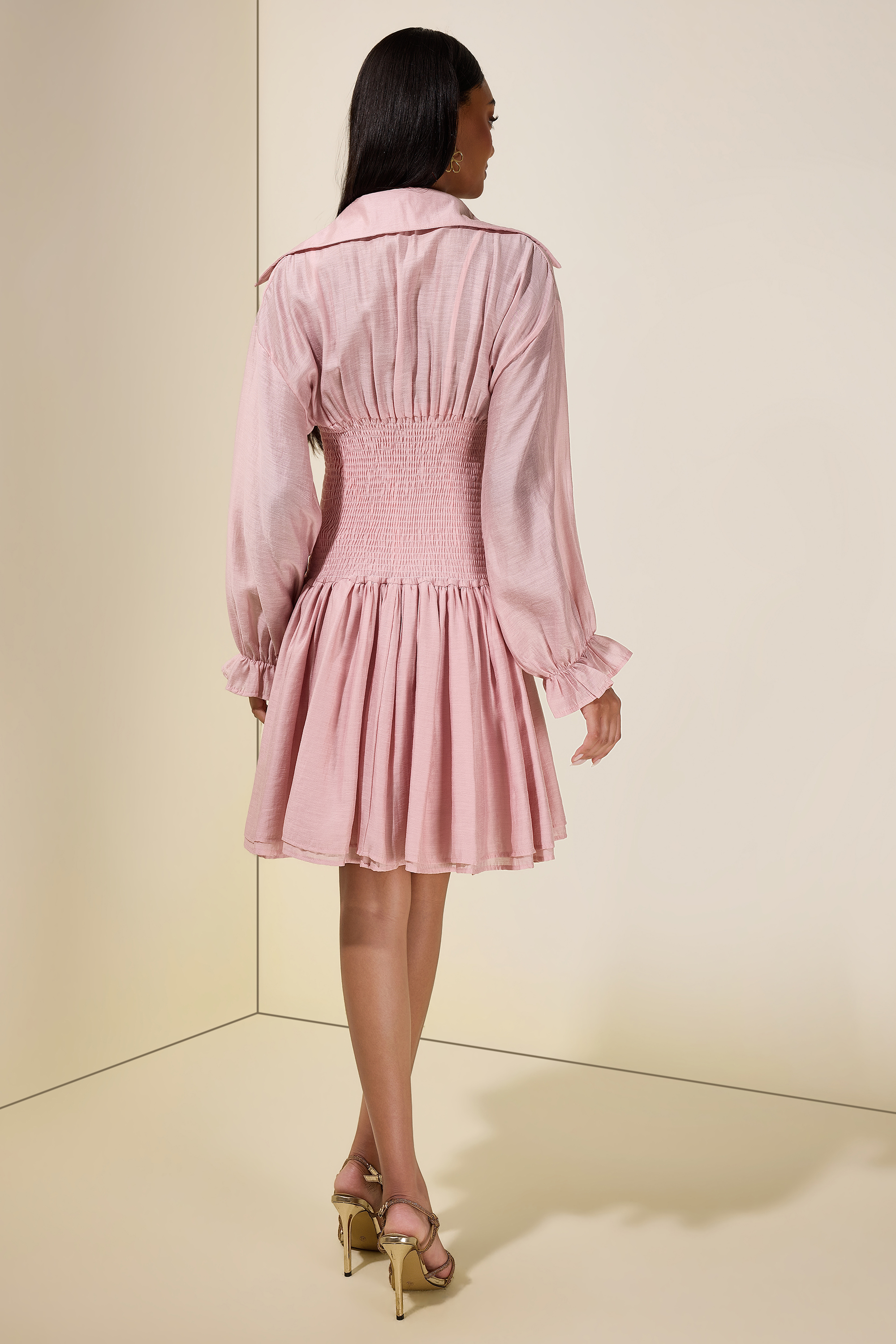 Solid Smocking Long Sleeve Mini Dress