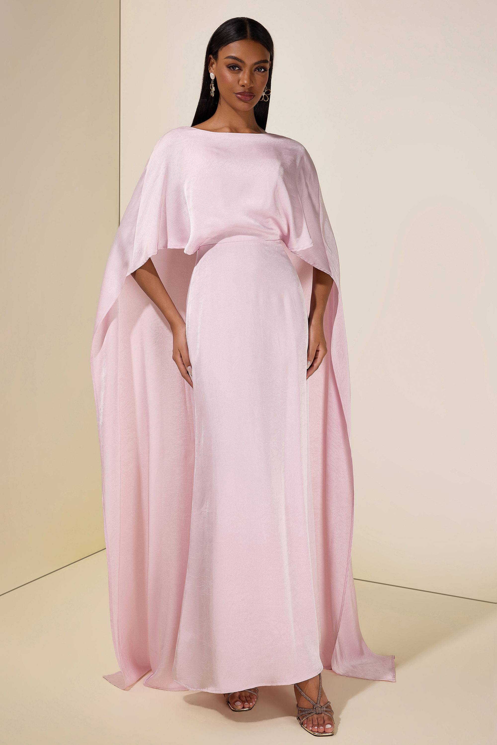 Solid Satin Cape Sleeve Maxi Dress
