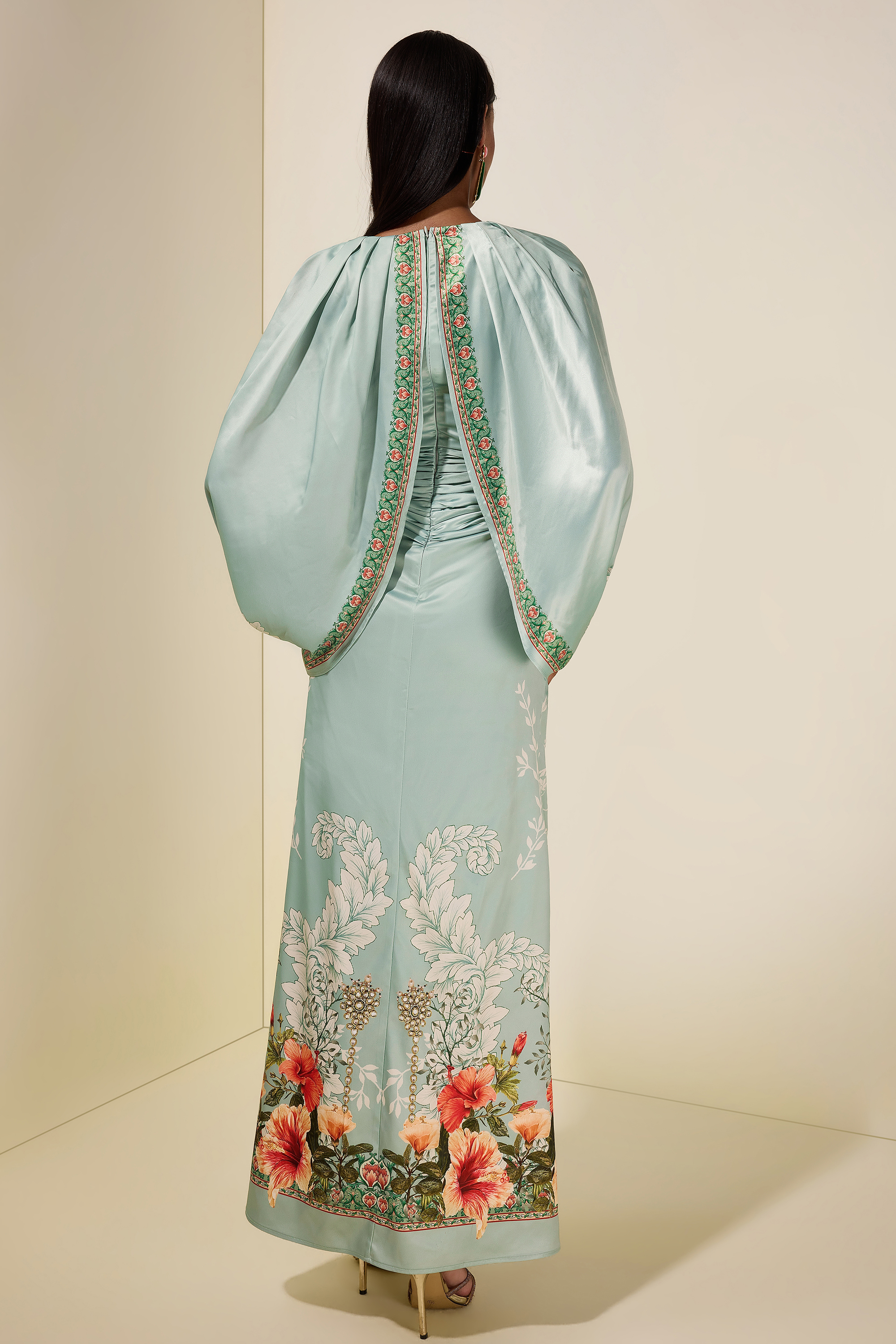 Floral Cape Sleeve Pleated Maxi Dress