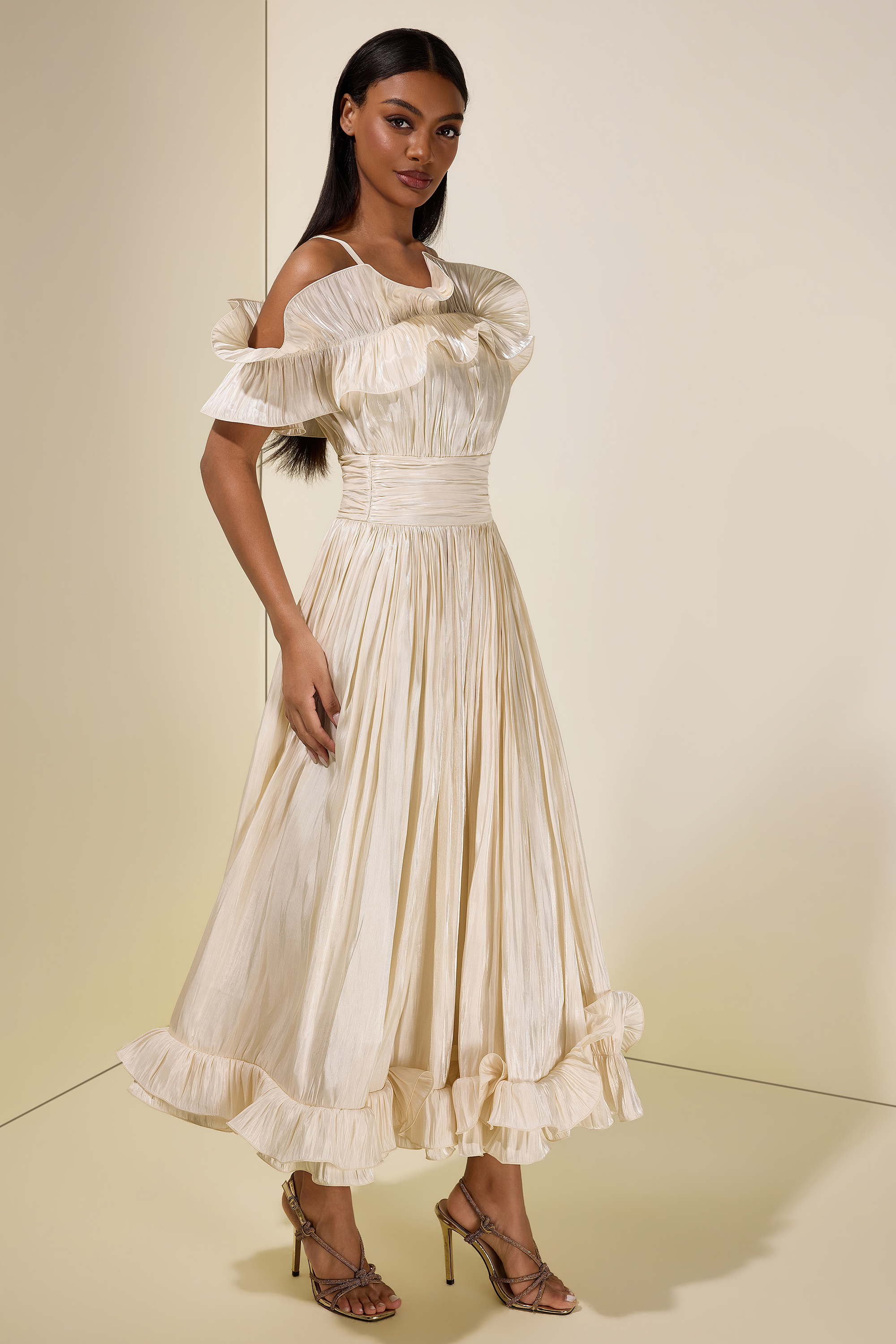 Ruffle Gathering Off Shoulder Midi Dress – JardinVue