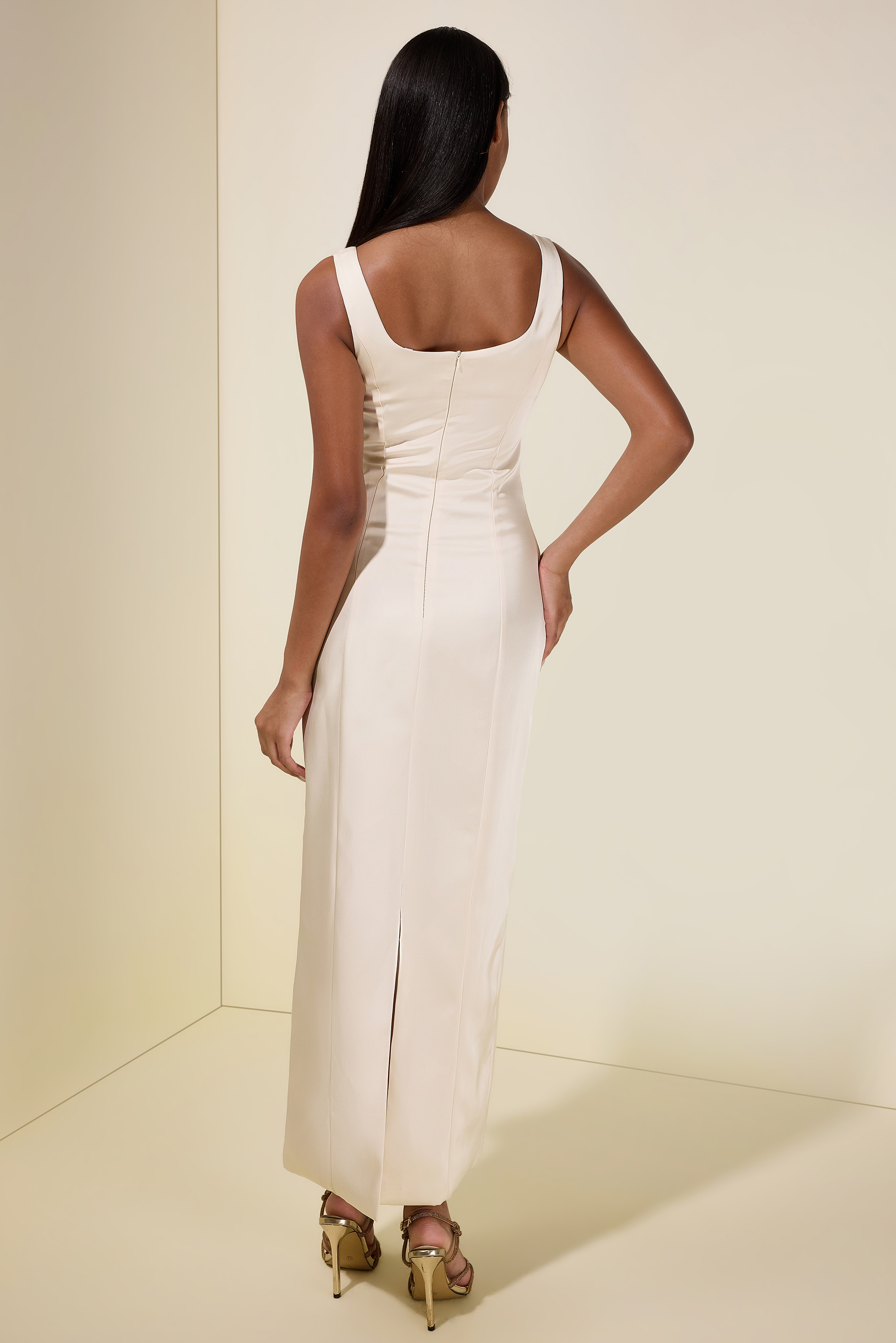 Satin Embroidered Square Collar Maxi Dress