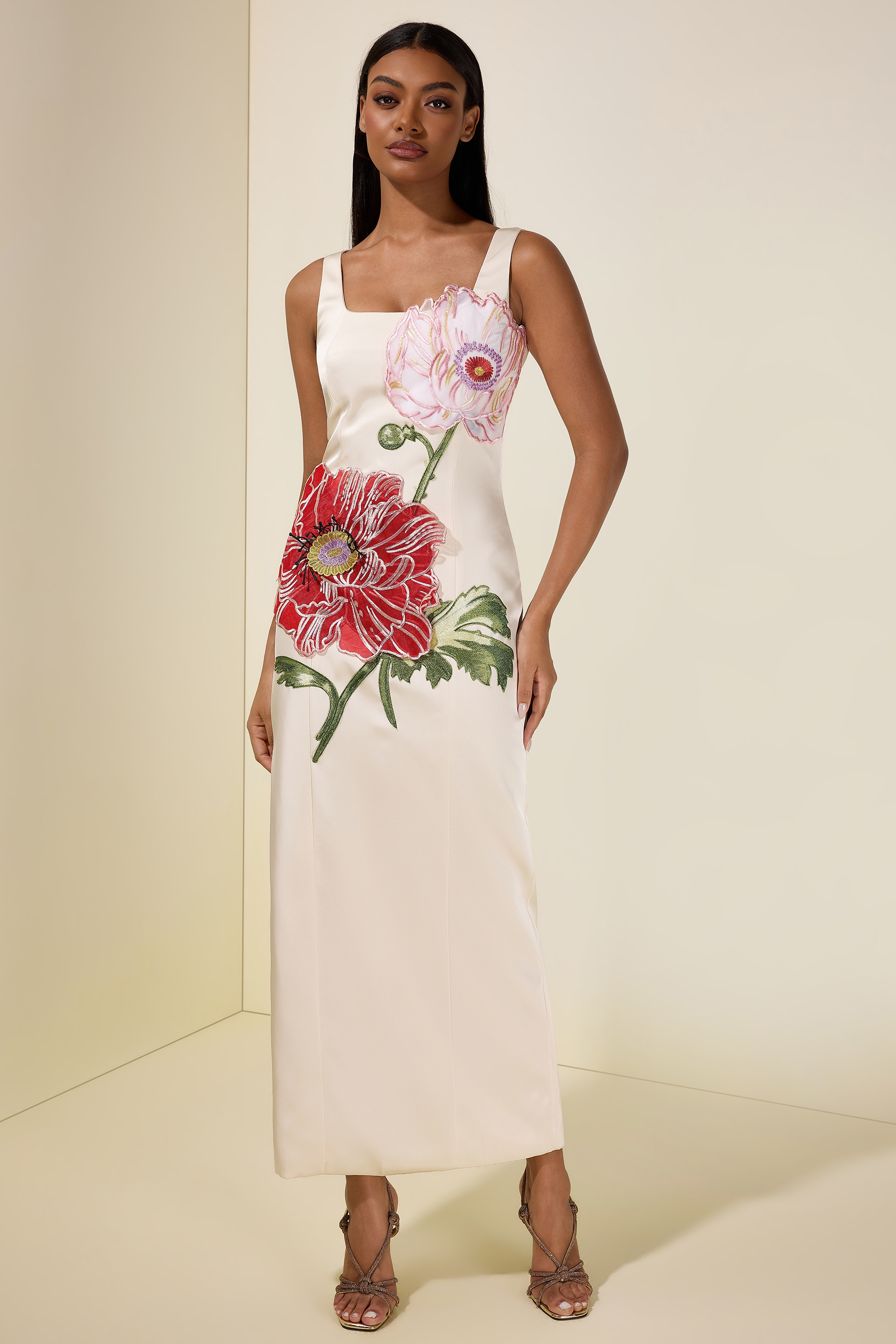 Satin Embroidered Square Collar Maxi Dress