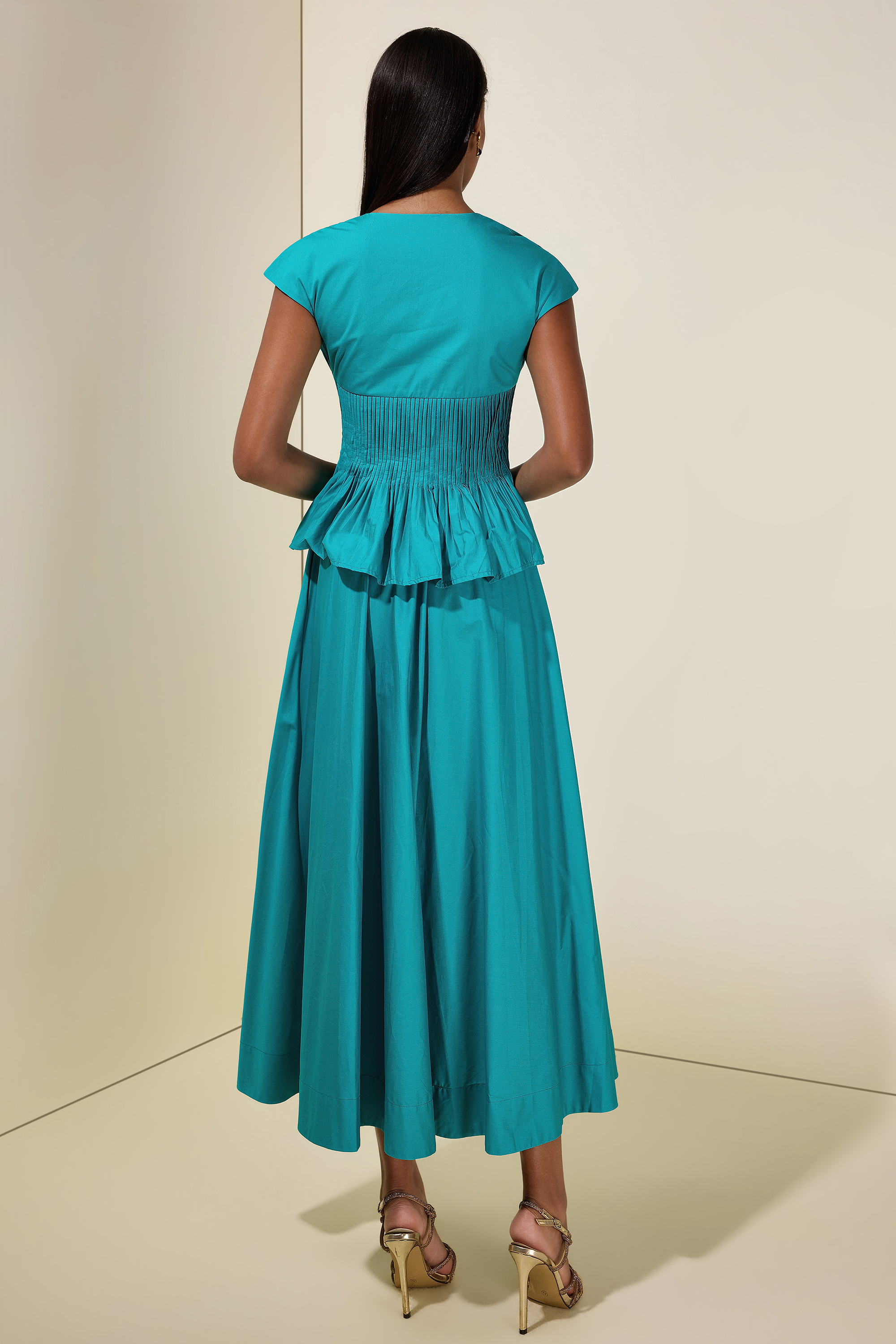 Solid V-Neck Pleated Top & High Waist Midi Skirt Set