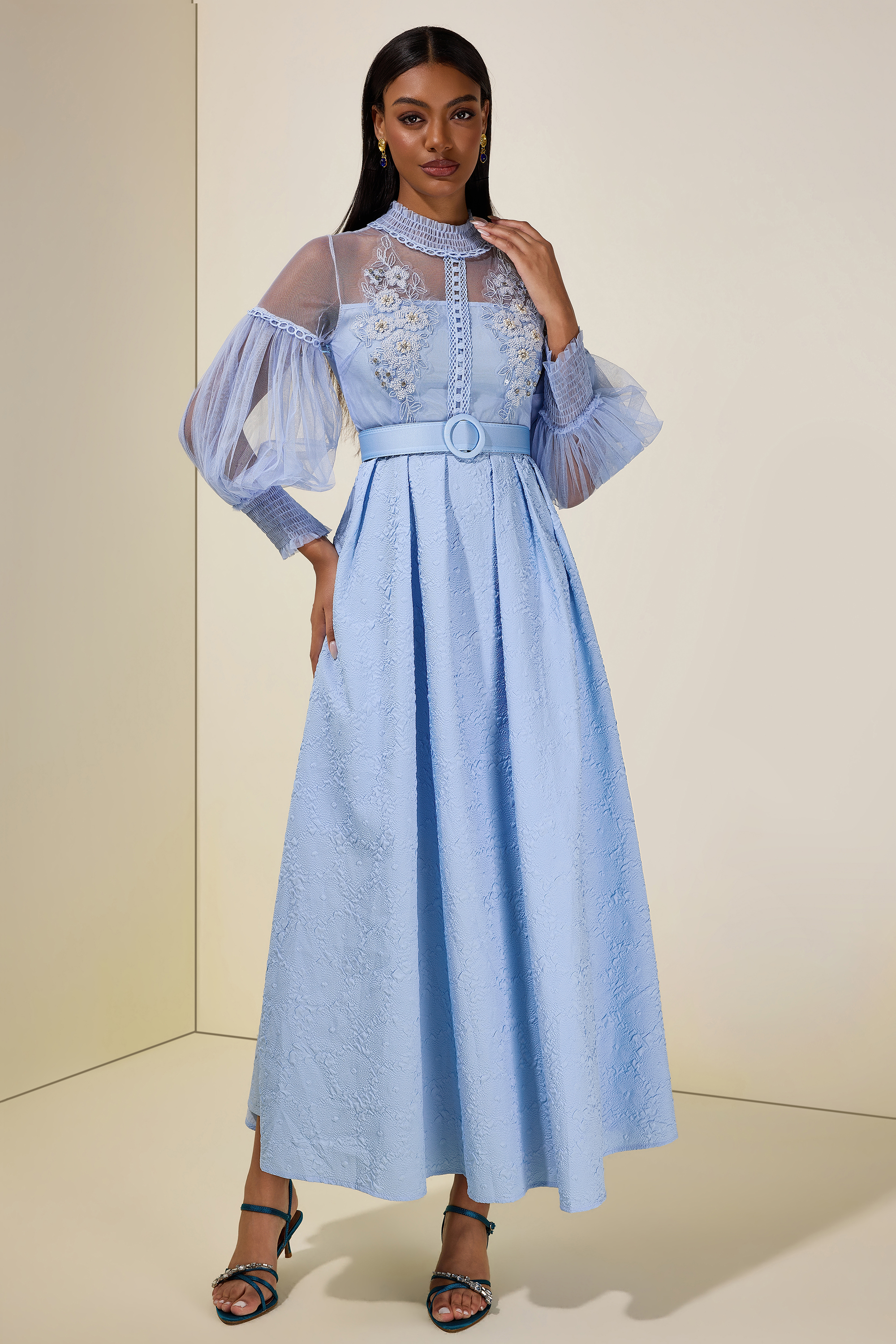 Nail Bead Embroidery Jacquard Maxi Dress With Belt