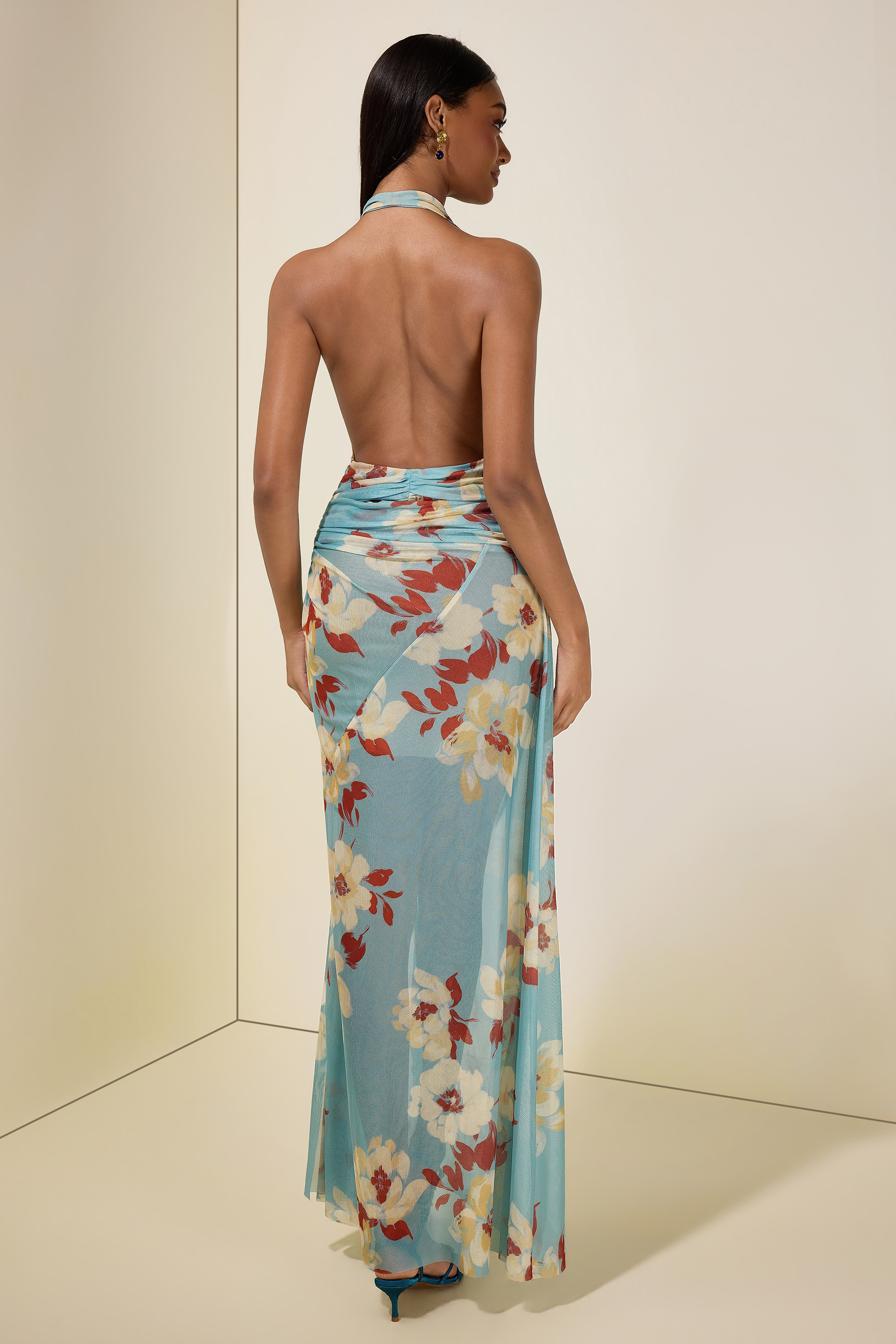 Mesh Floral Halter Neck Midi Dress