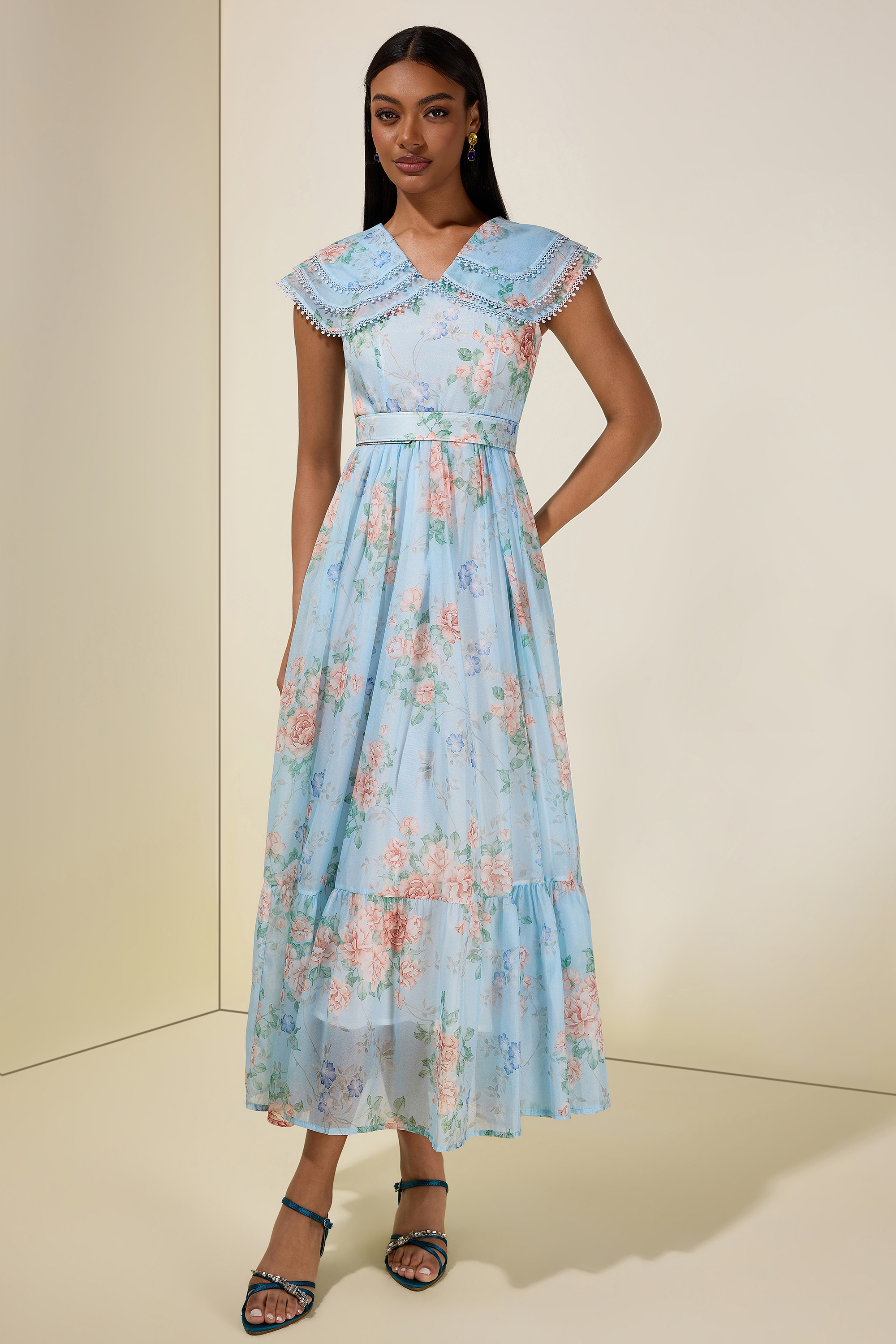 Floral Lace Maxi Dress With Belt