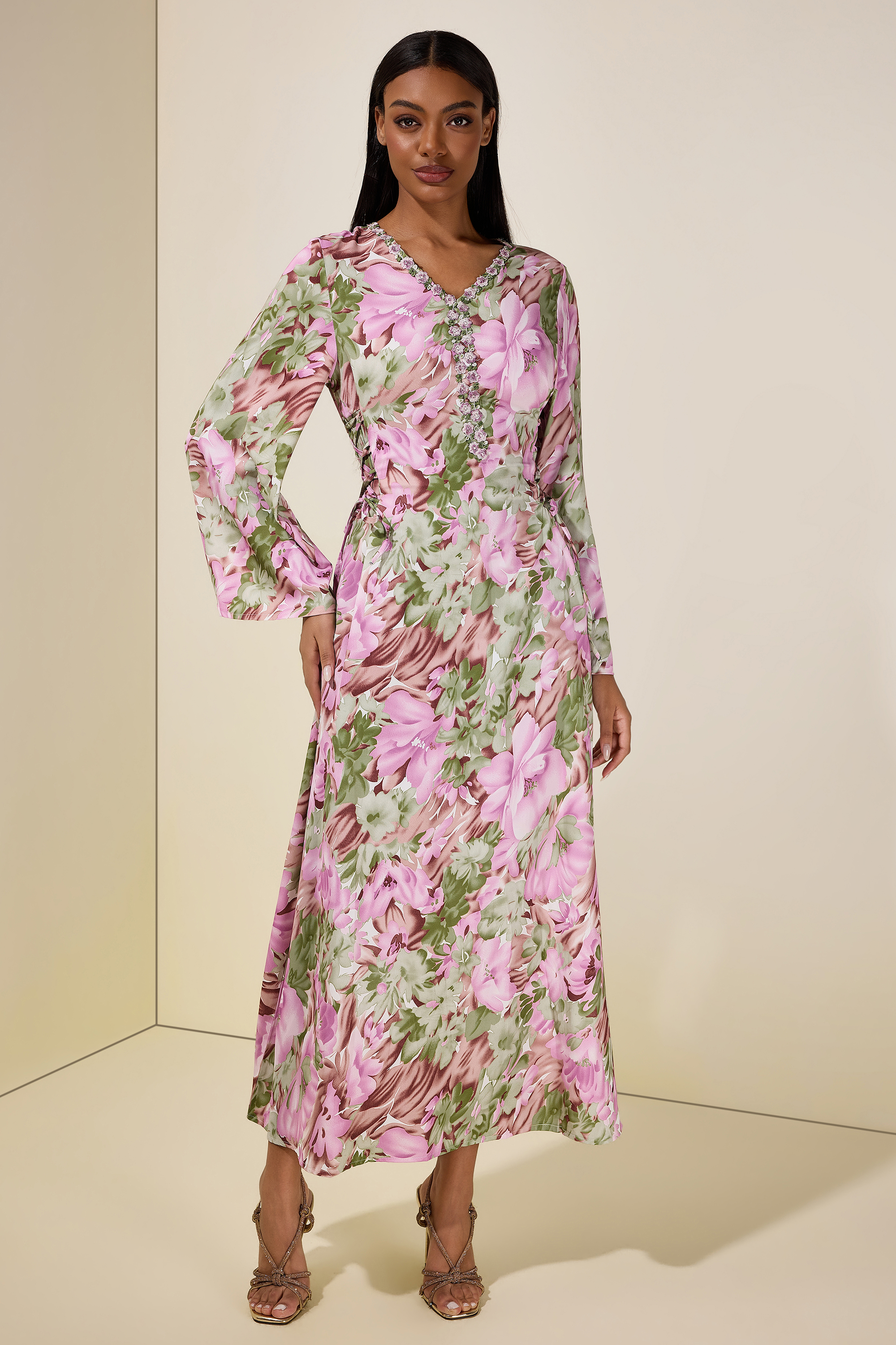 Floral Embroidered Bell Sleeve Midi Dress