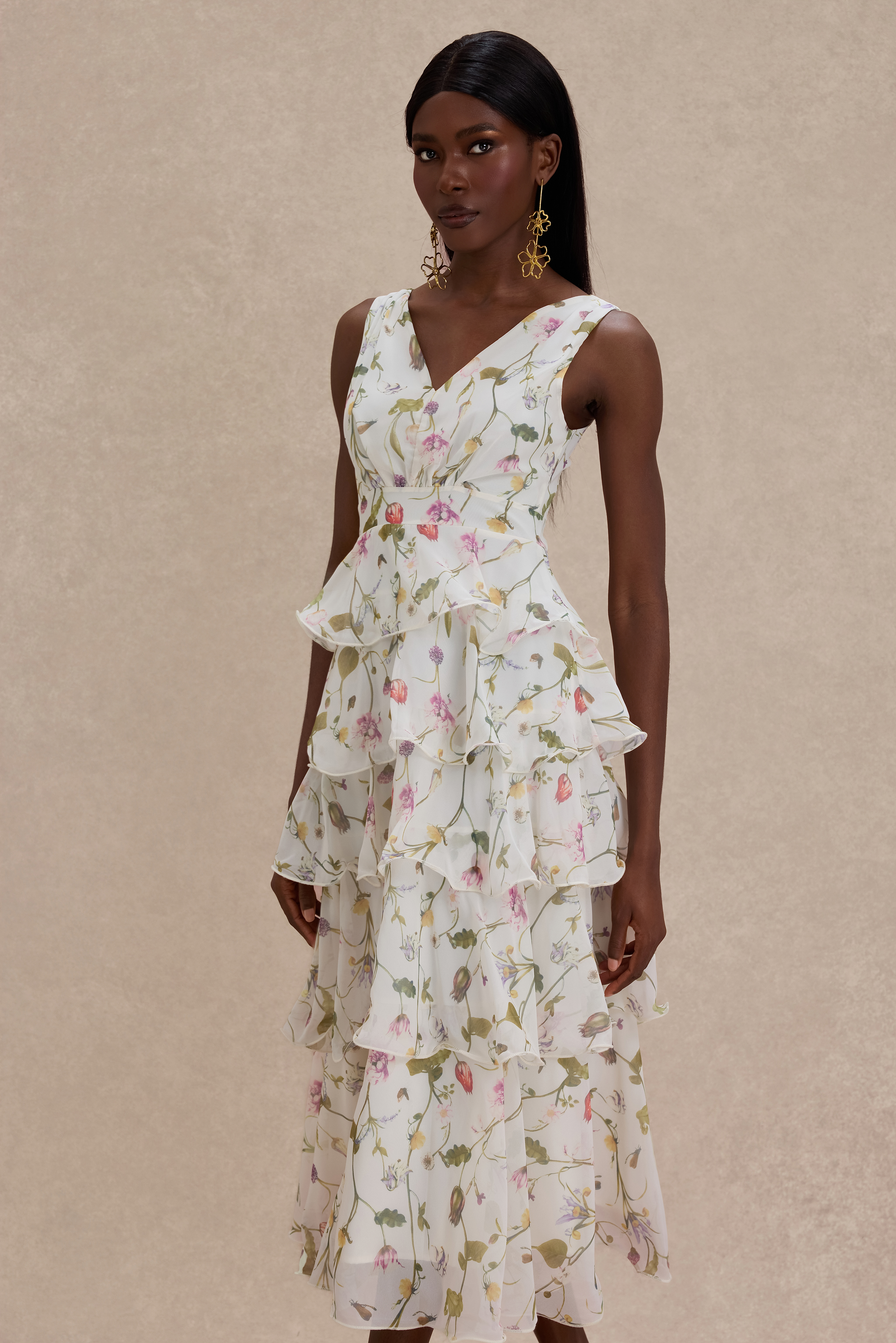 Floral Ruffle Sleeveless Midi Dress