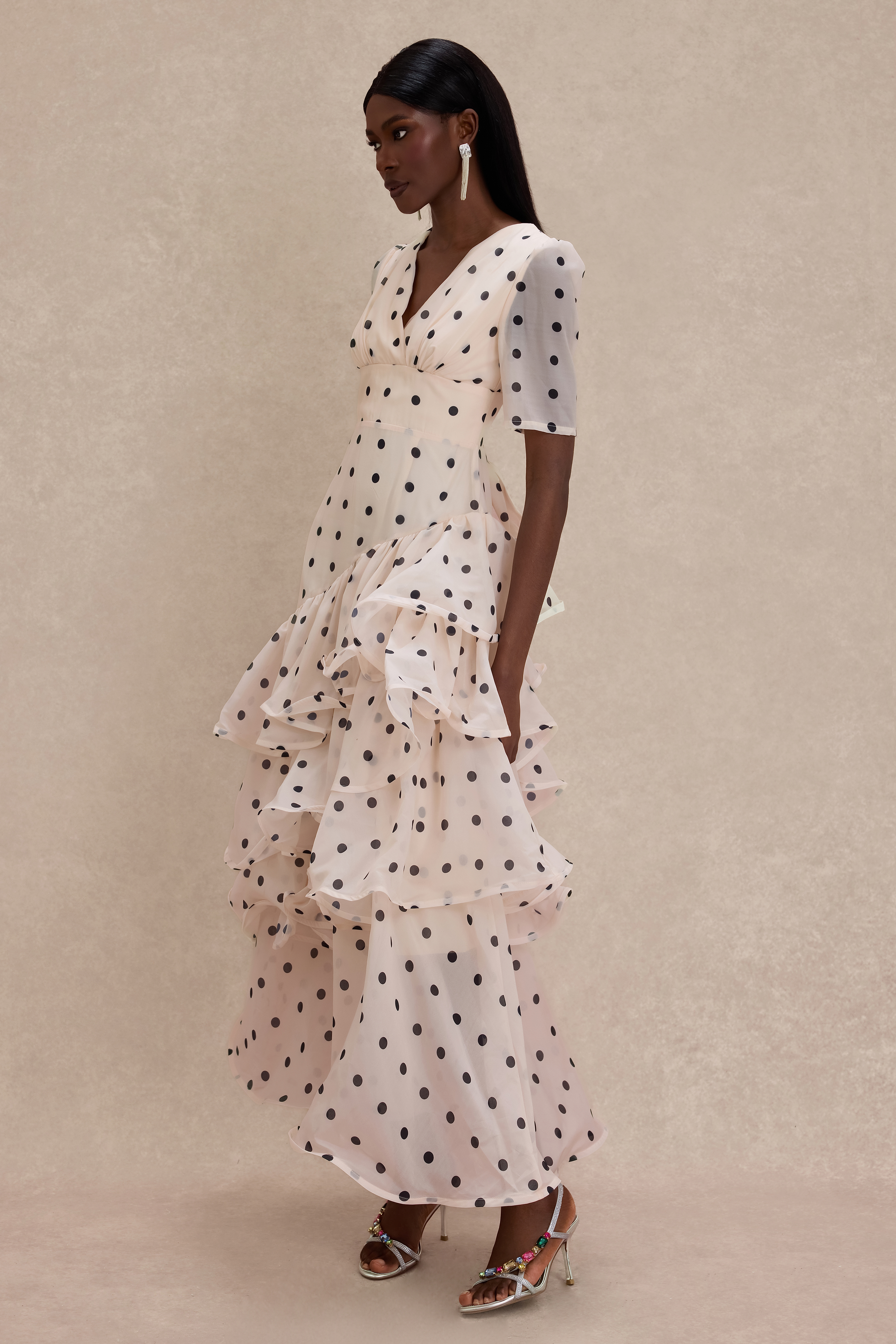 Polka Dot Ruffle V-Neck Maxi Dress
