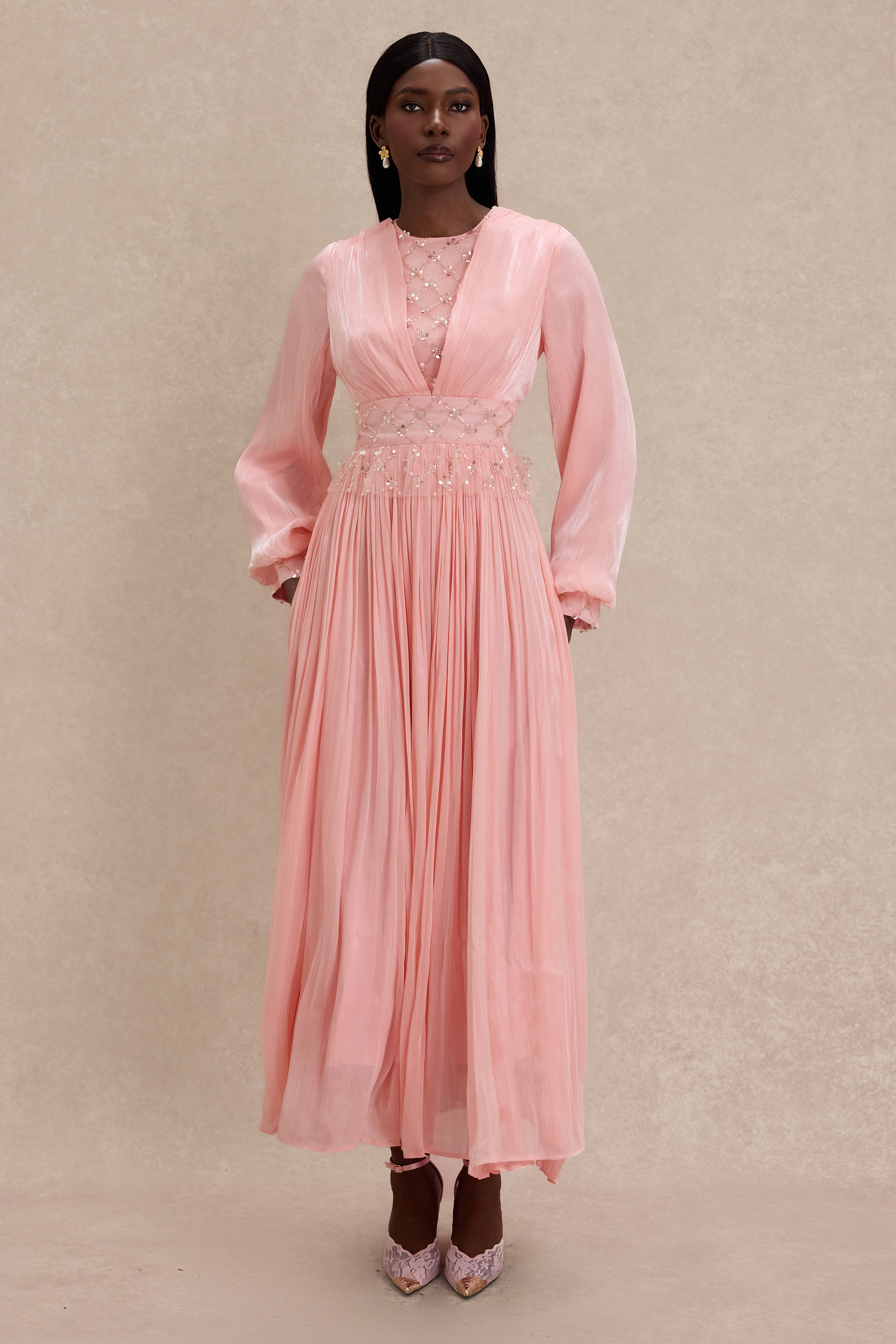 Beaded Round Neck Lantern Sleeve Midi Dress