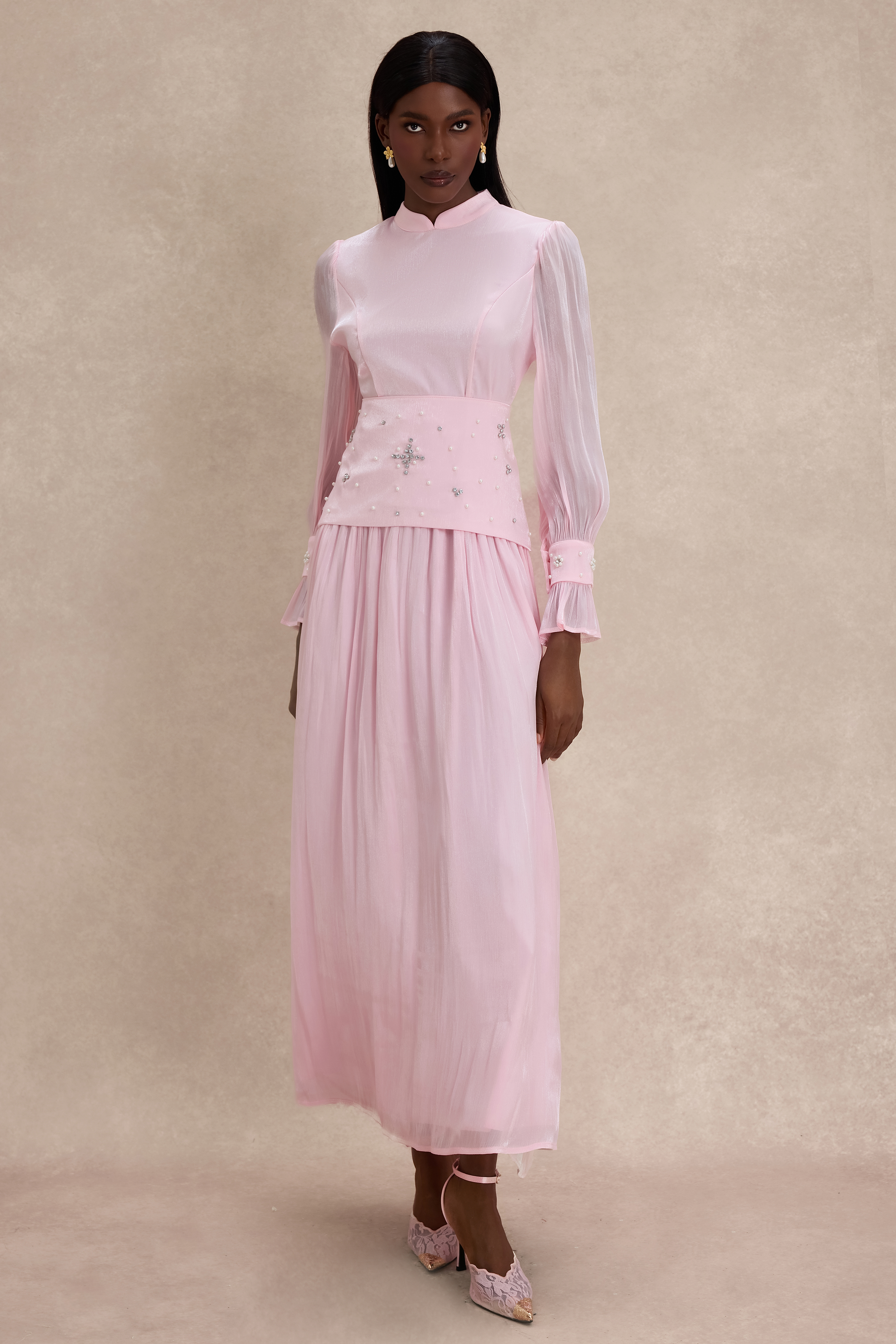 Faux Pearl Rhinestone Rivets Long Sleeve Midi Dress