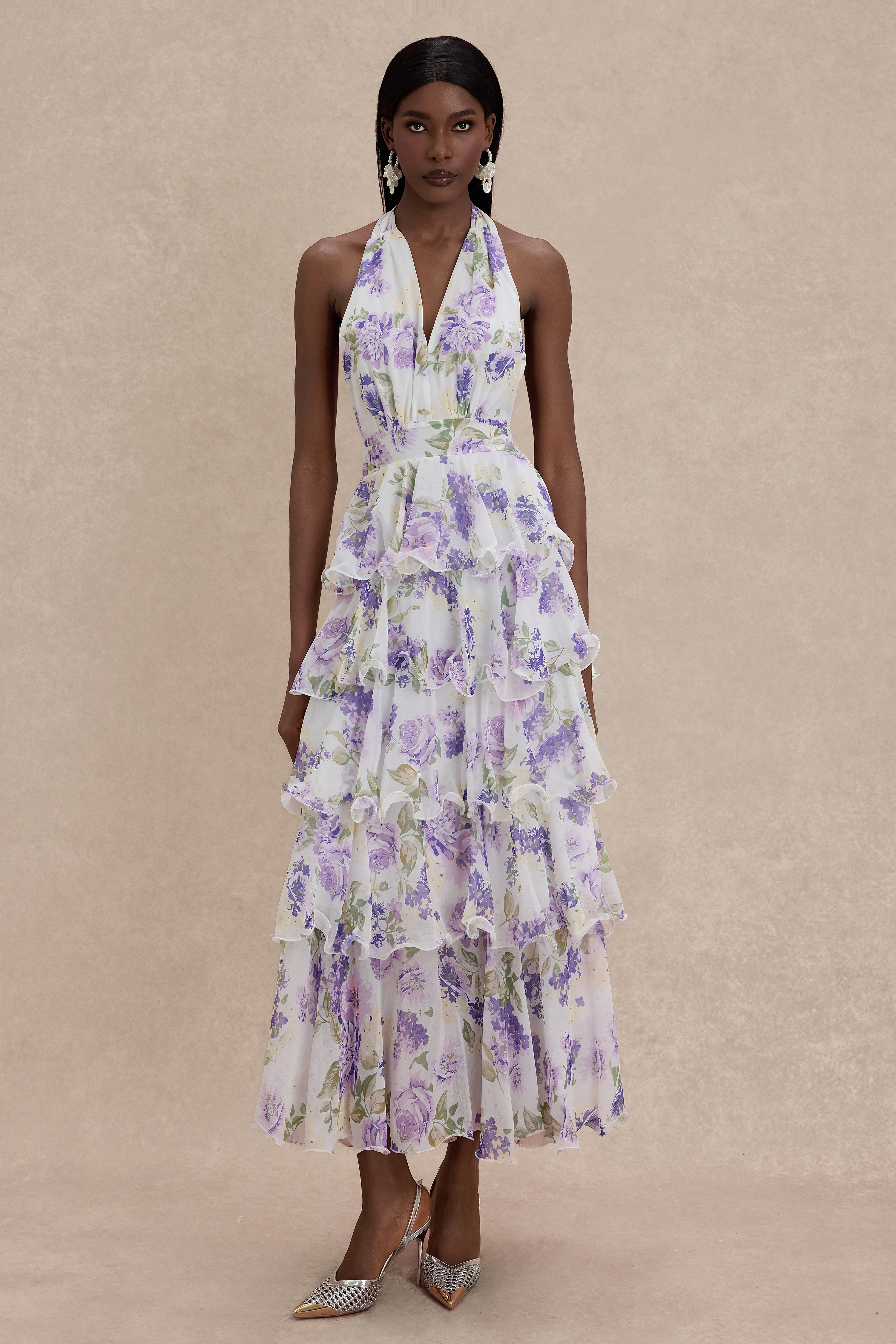 Floral Ruffle Halter Neck Midi Dress