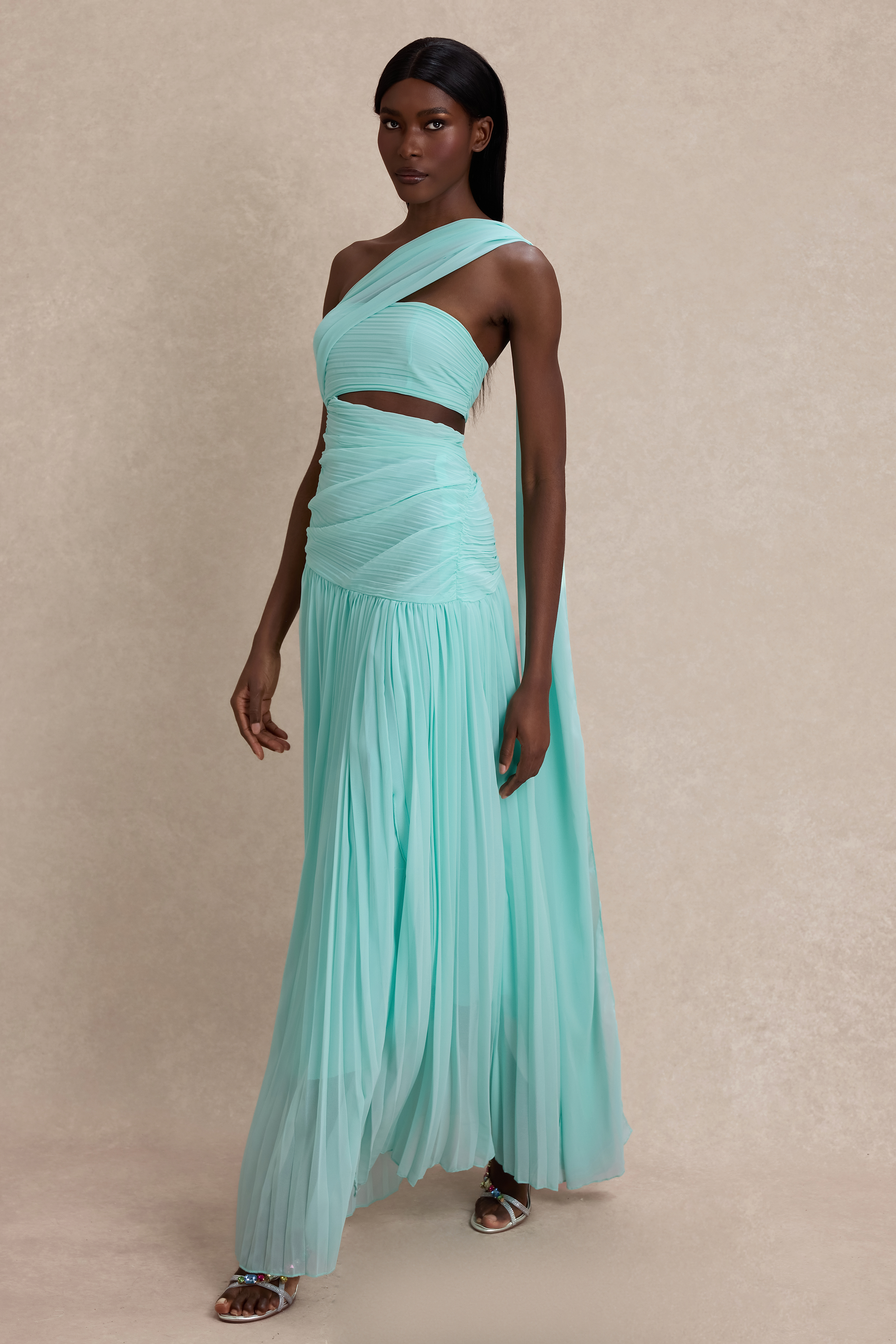 Chiffon Pleated Slit Maxi Dress