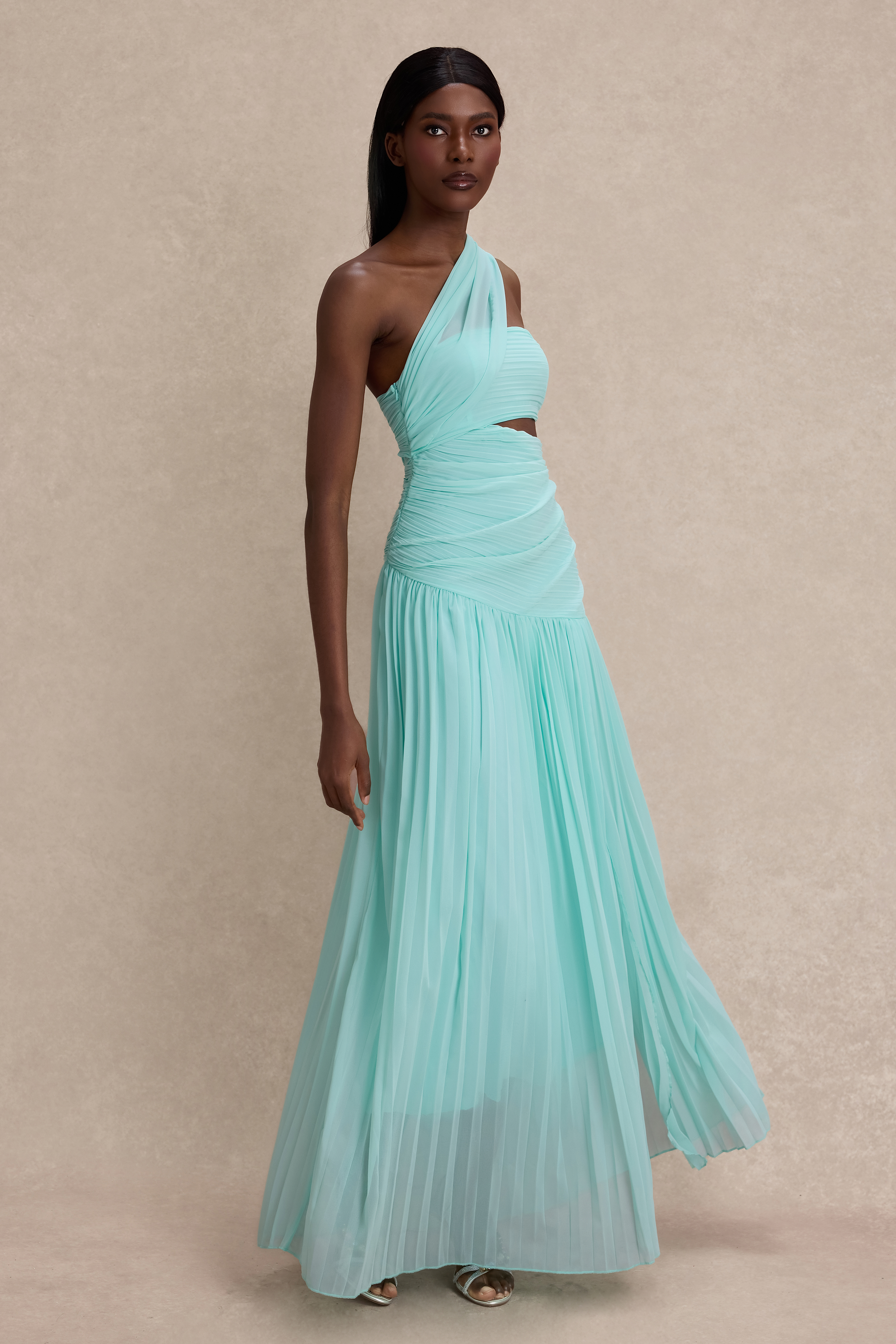 Chiffon Pleated Slit Maxi Dress