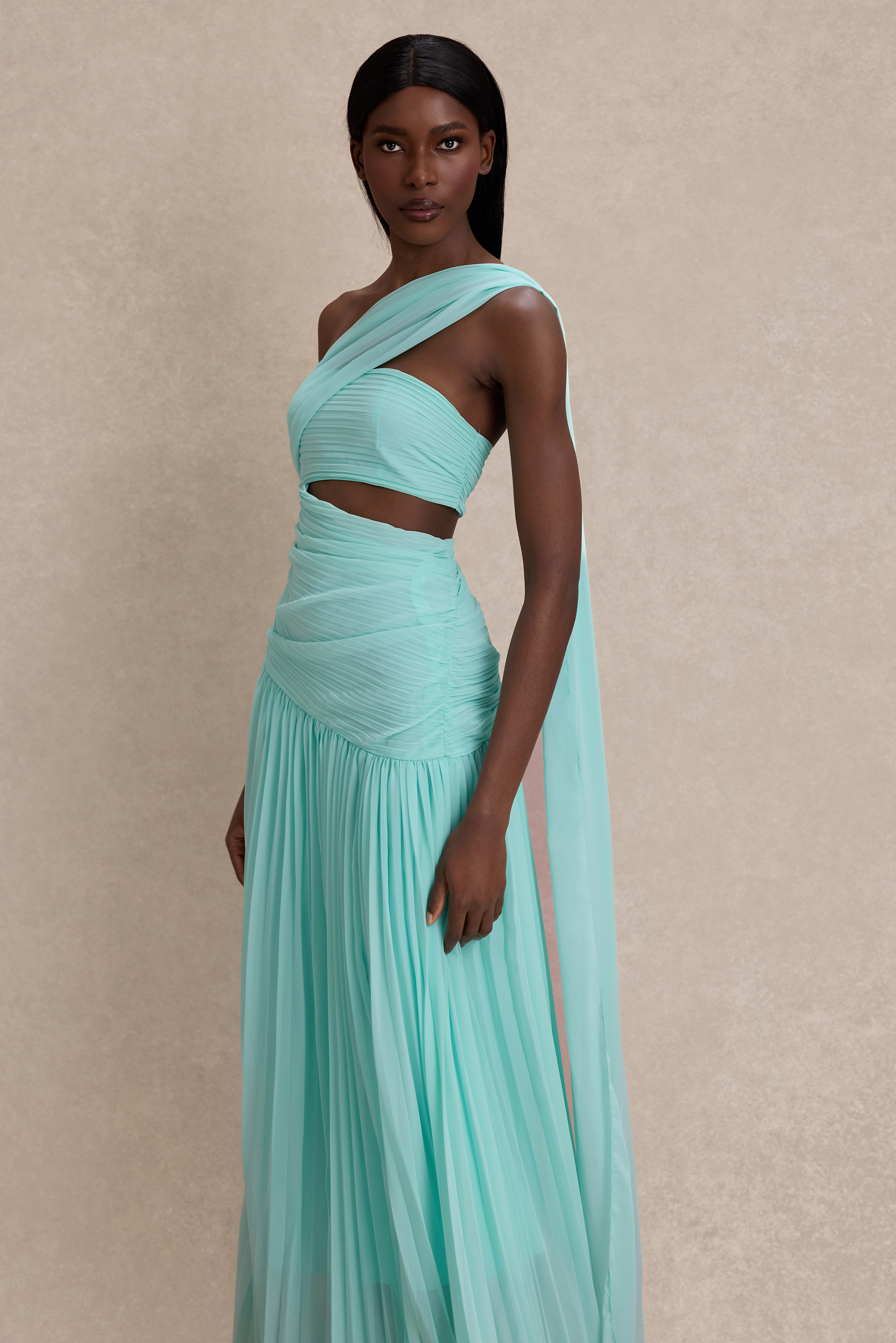 Chiffon Pleated Slit Maxi Dress