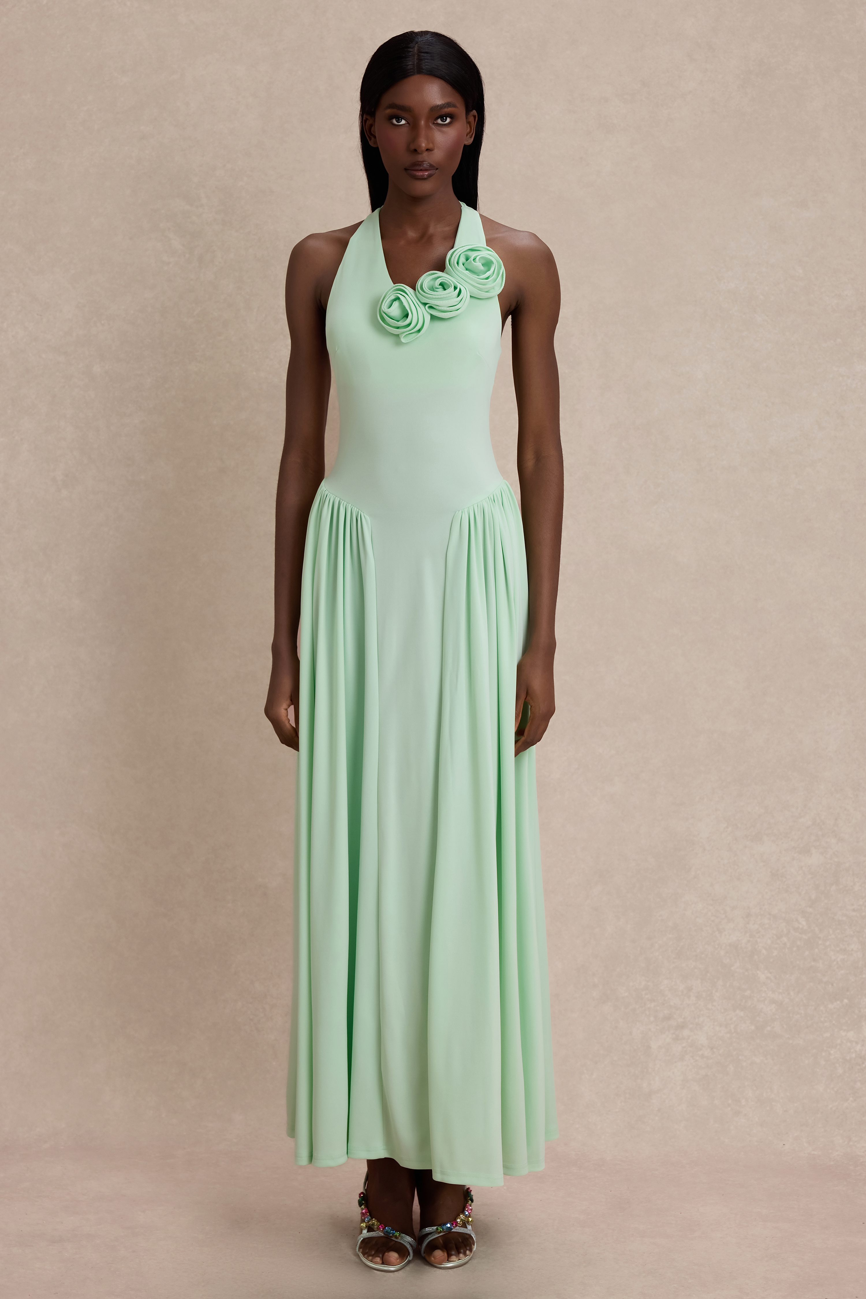 Jersey Halter Neck 3D Flower Maxi Dress – JardinVue