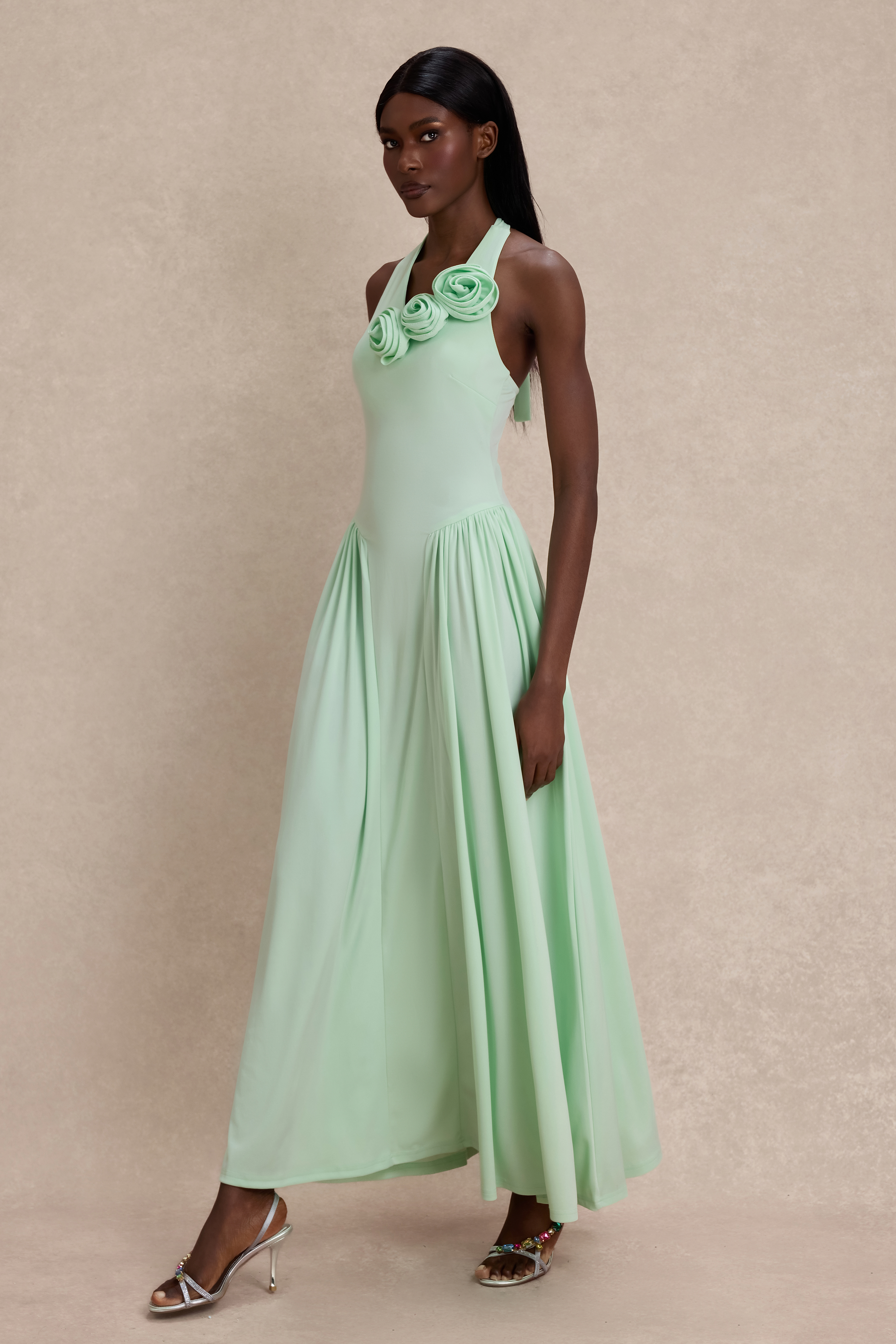 Jersey Halter Neck 3D Flower Maxi Dress