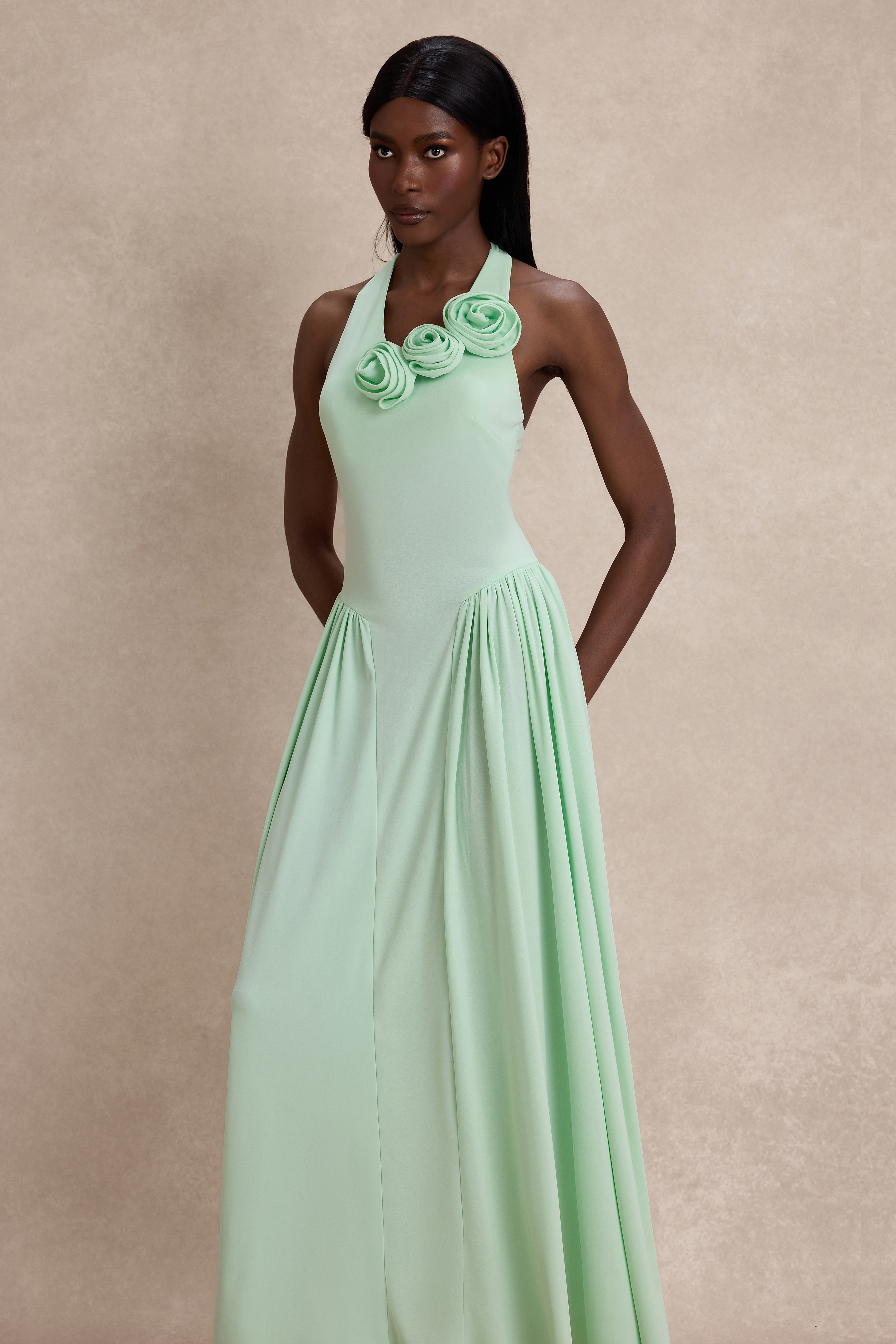 Jersey Halter Neck 3D Flower Maxi Dress – JardinVue