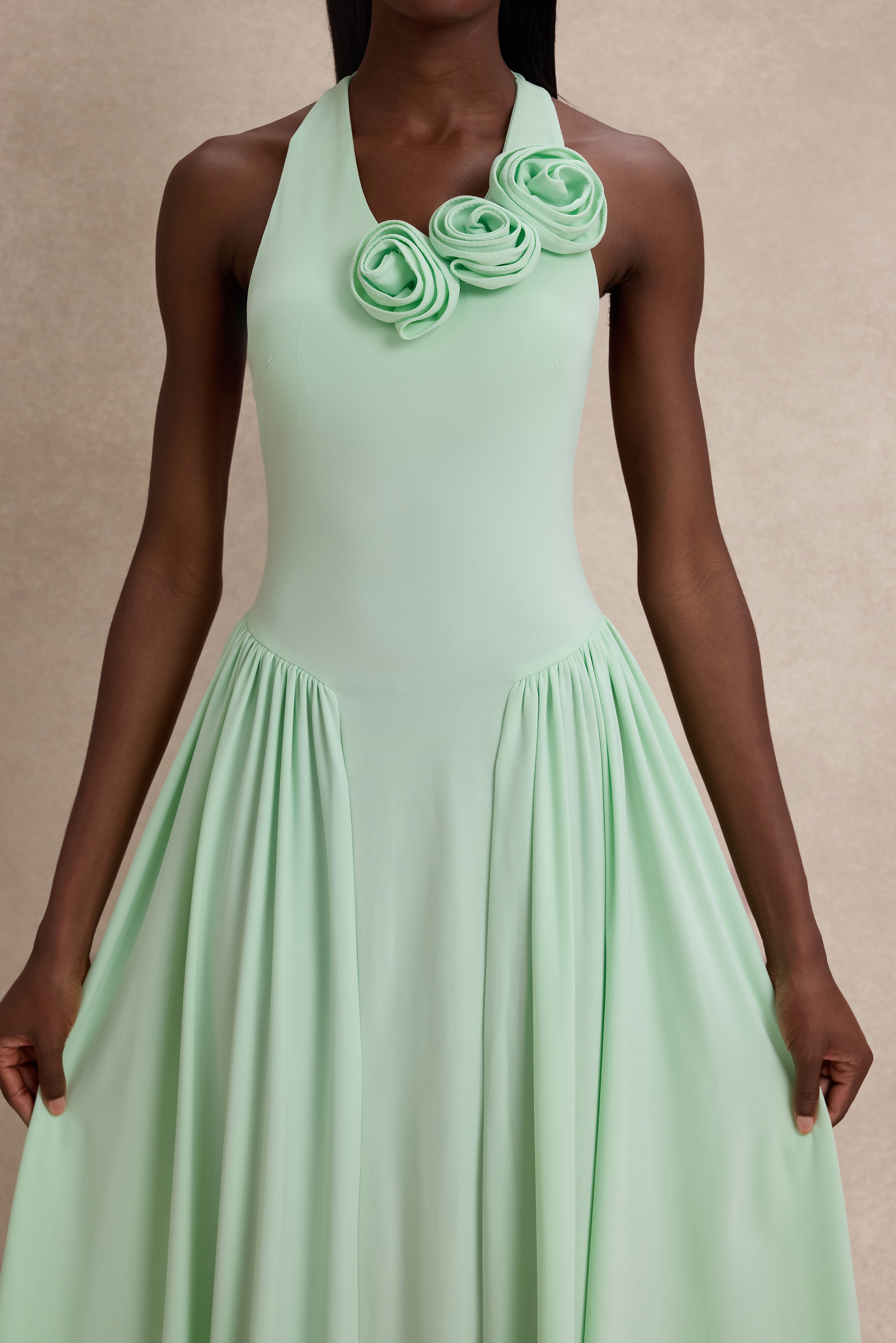 Jersey Halter Neck 3D Flower Maxi Dress