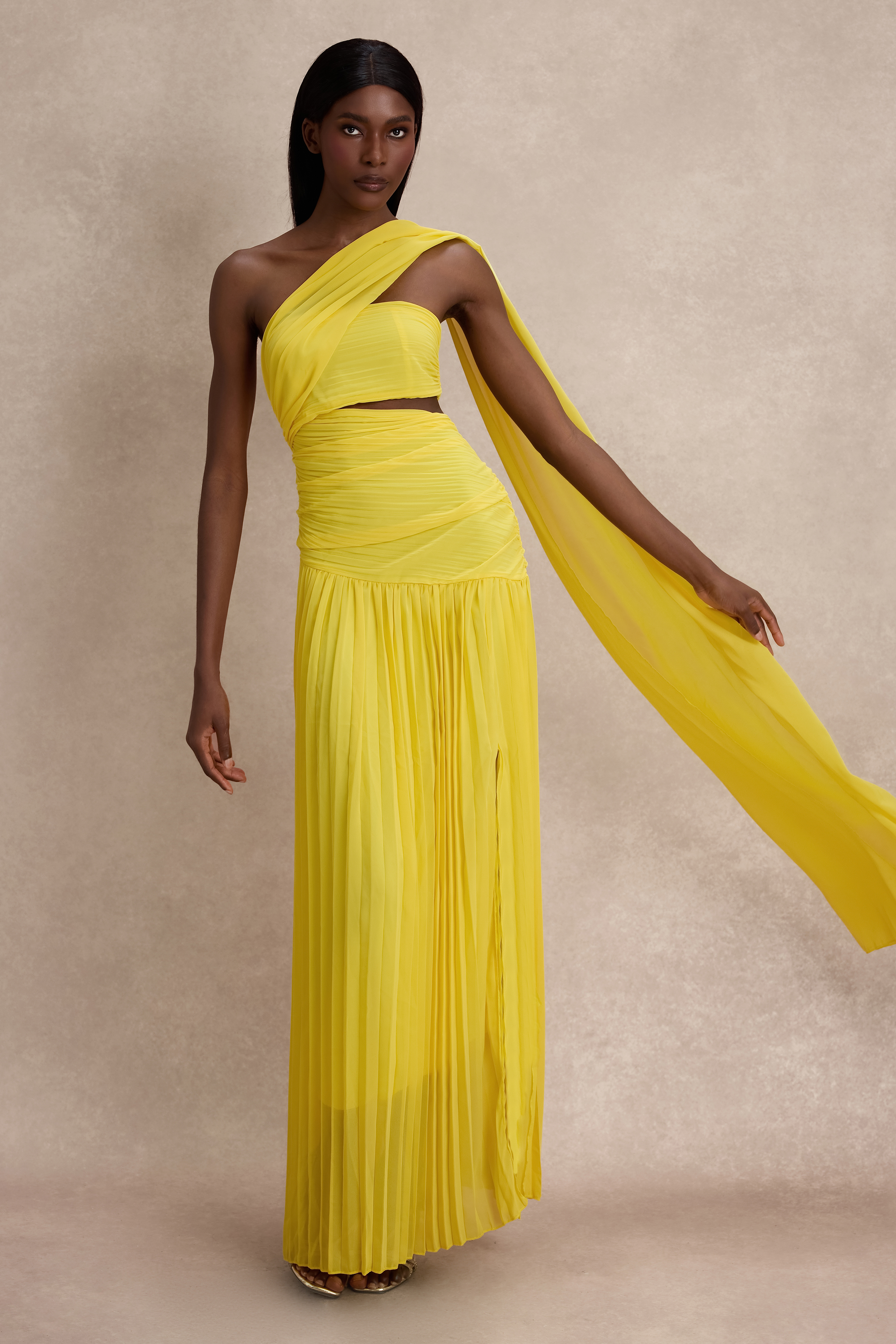 Chiffon Pleated Slit Maxi Dress