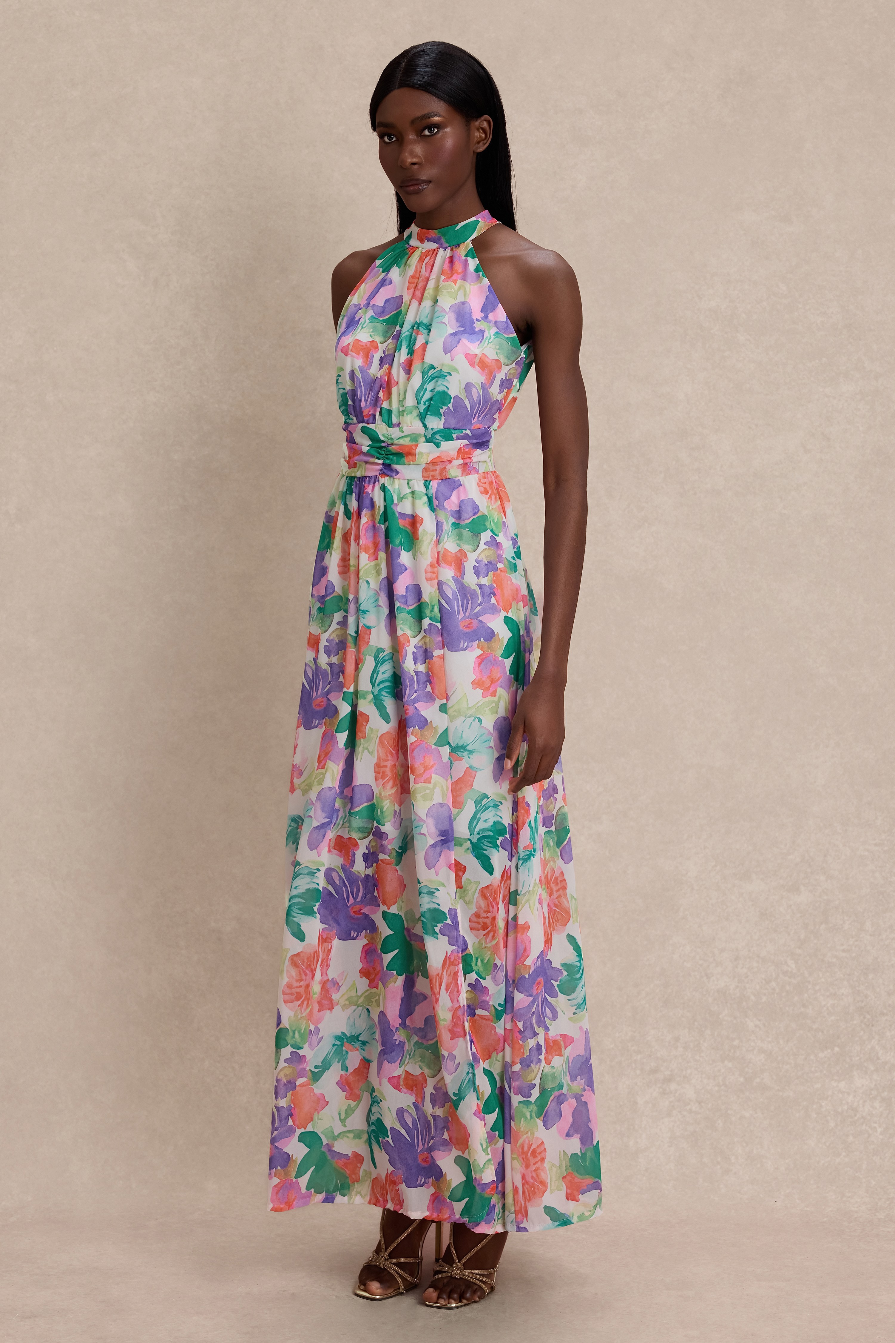Chiffon Abstract Print Smocking Maxi Dress