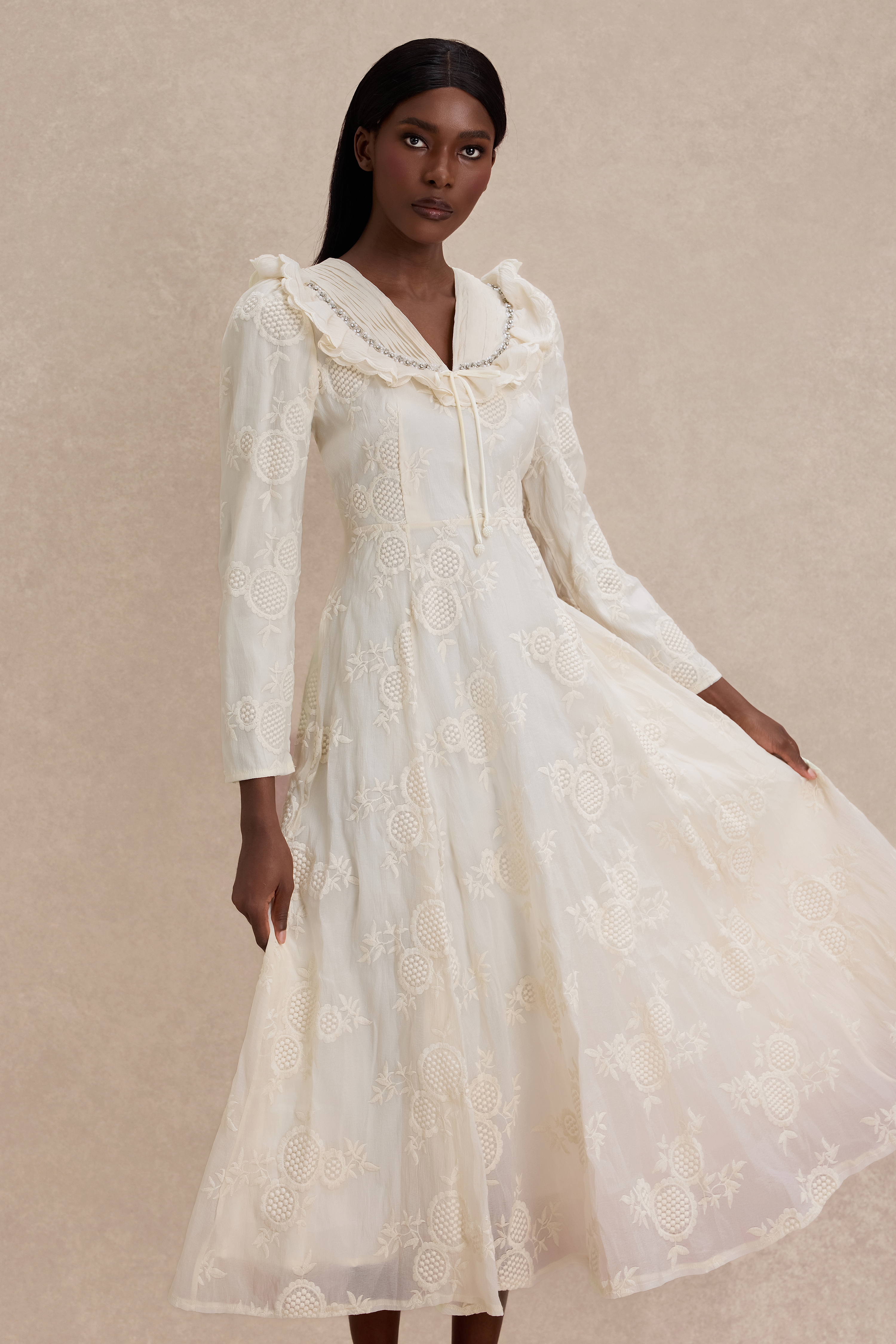 Chiffon Embroidered Ruffle Midi Dress – JardinVue