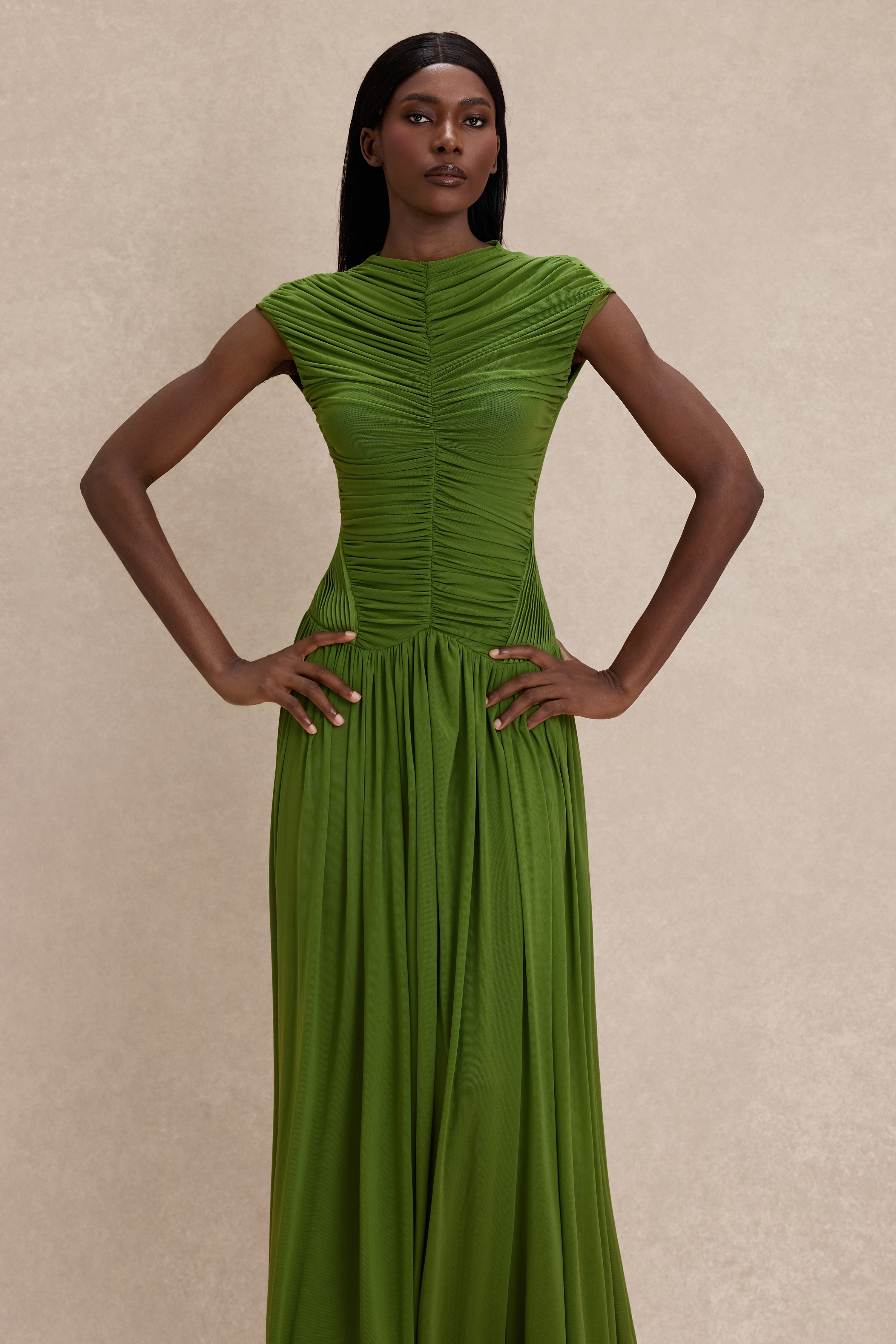 Gathering Solid Maxi Dress With Gloves