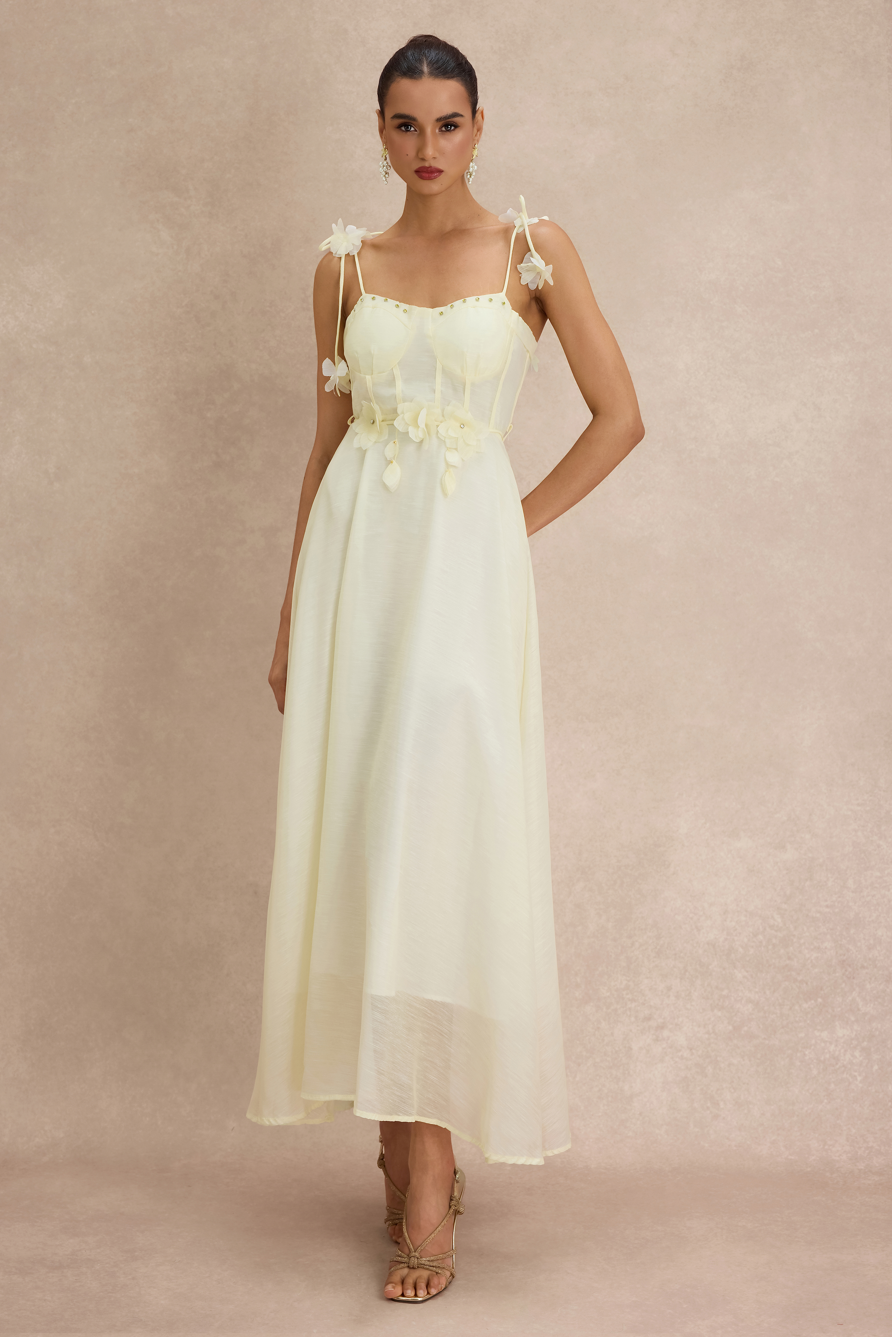 3D Flower Rhinestone Rivets Slip Midi Dress