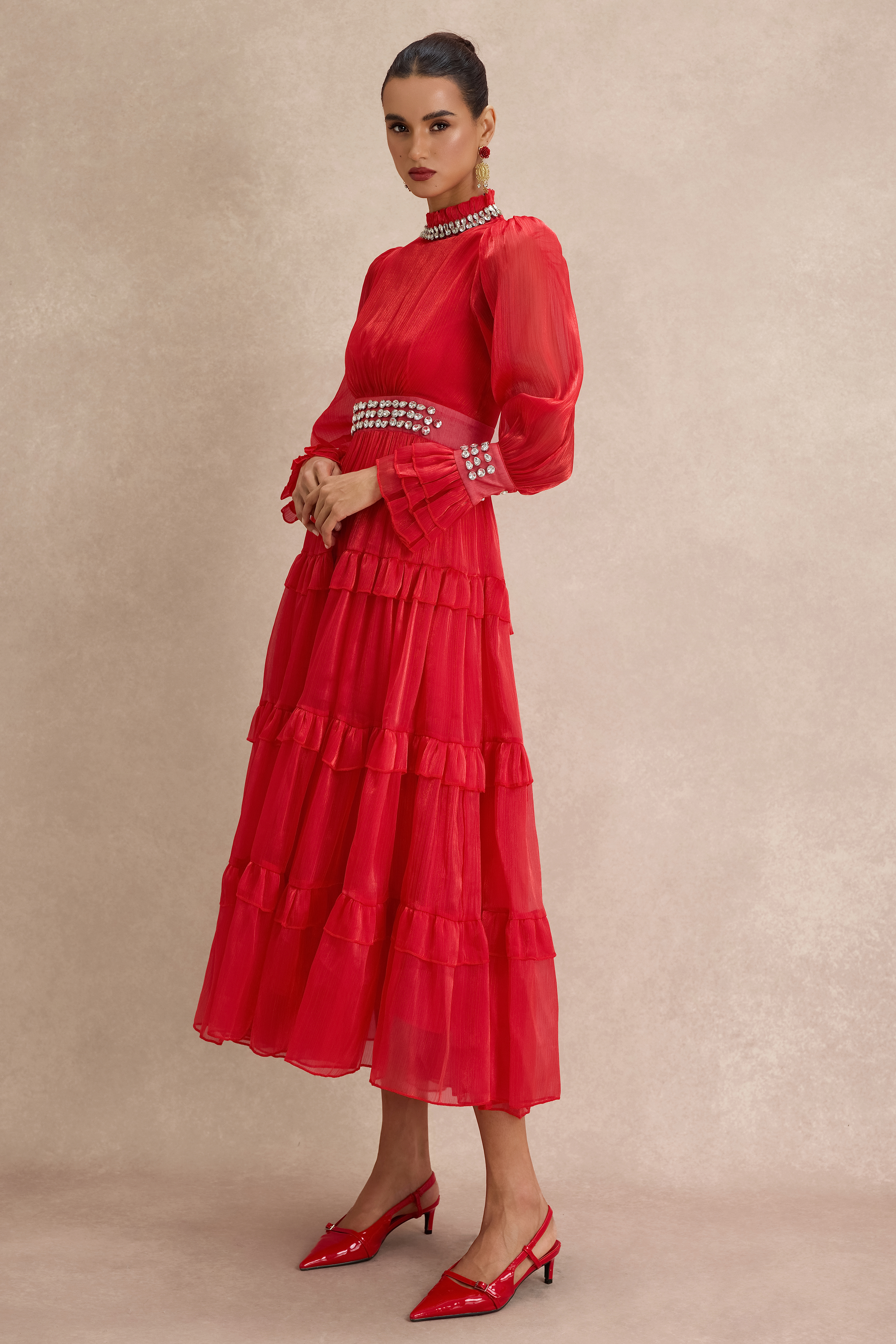 Solid Rhinestone Rivets Ruffle Maxi Dress