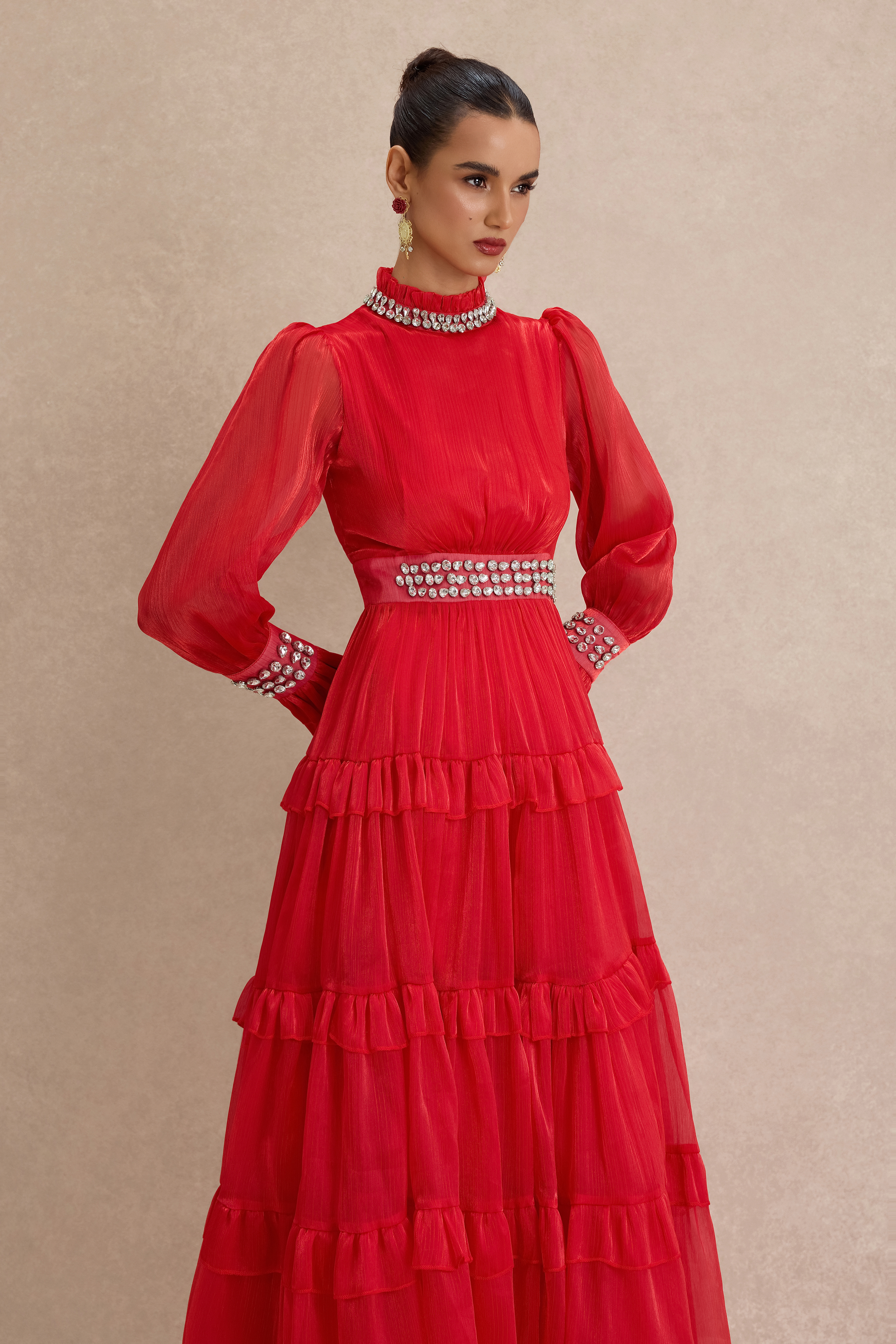 Solid Rhinestone Rivets Ruffle Maxi Dress