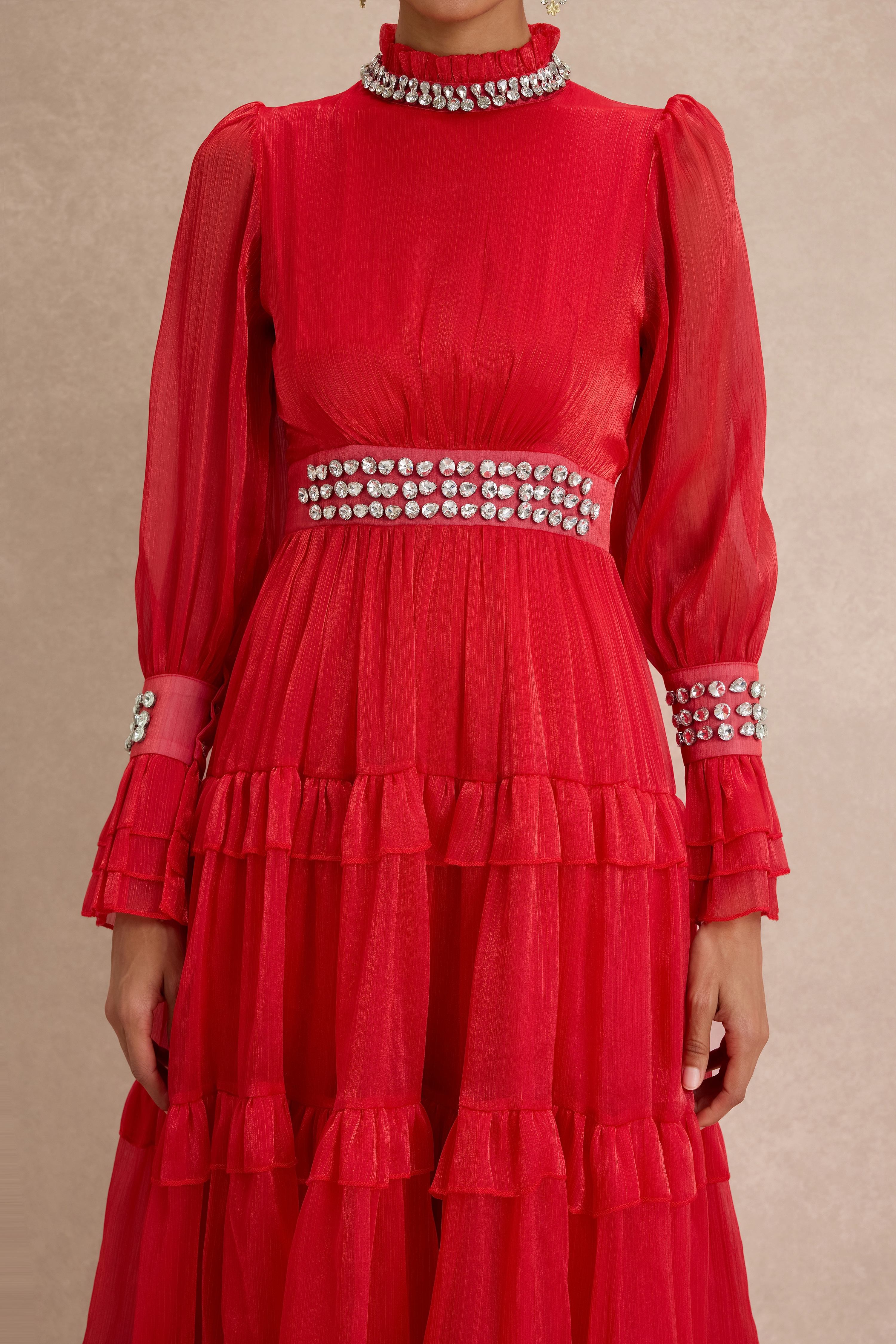 Solid Rhinestone Rivets Ruffle Maxi Dress