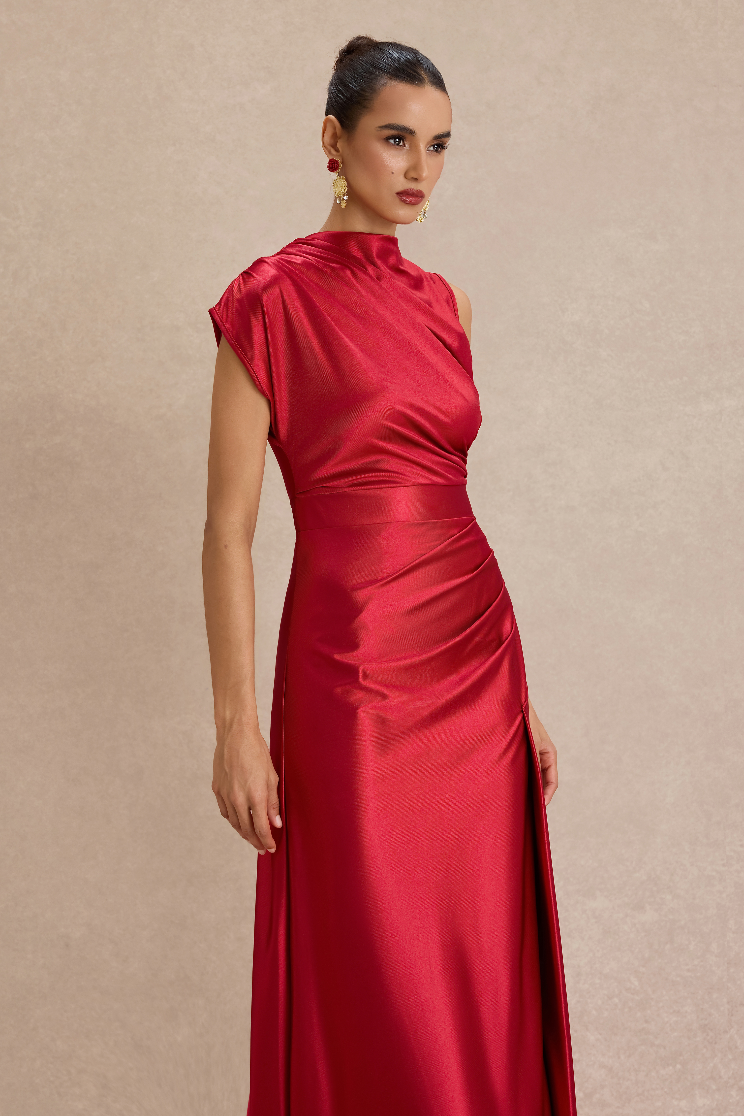 Solid Satin Ruched Maxi Dress